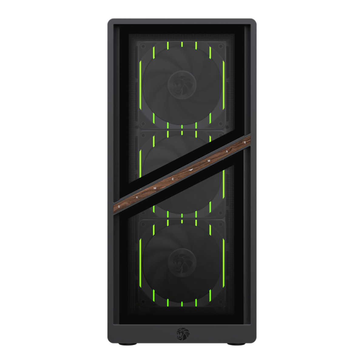 Ein schwarzes PC-Gehäuse mit drei Lüftern und grüner Beleuchtung.