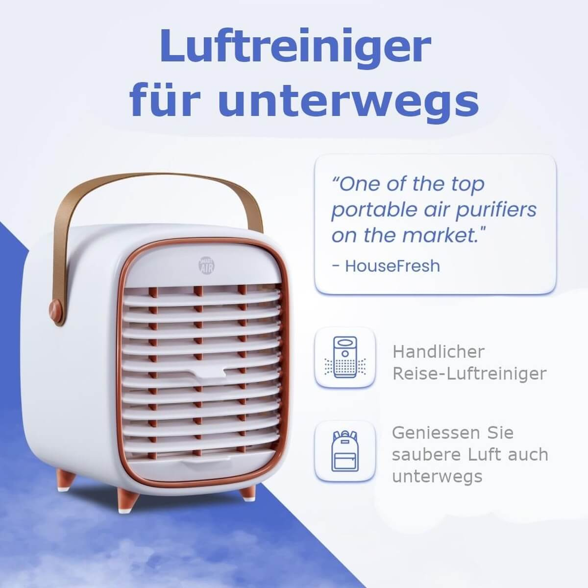 Ein weißer, tragbarer Luftreiniger mit kupferfarbenem Rand und Tragegriff.
