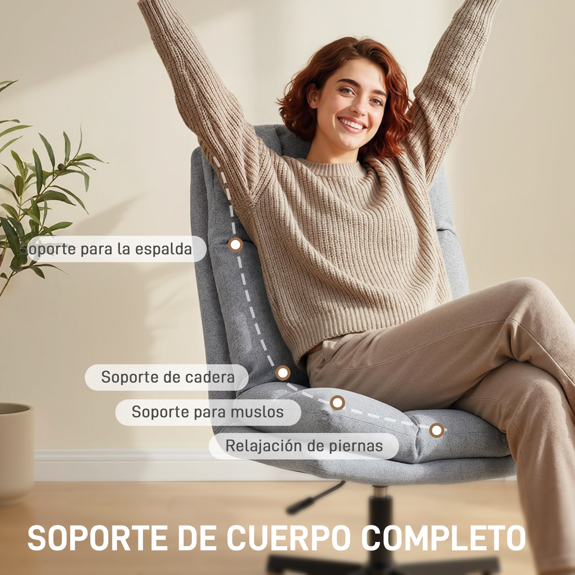 Mujer sentada en silla con soporte de espalda, cadera, muslos y piernas.