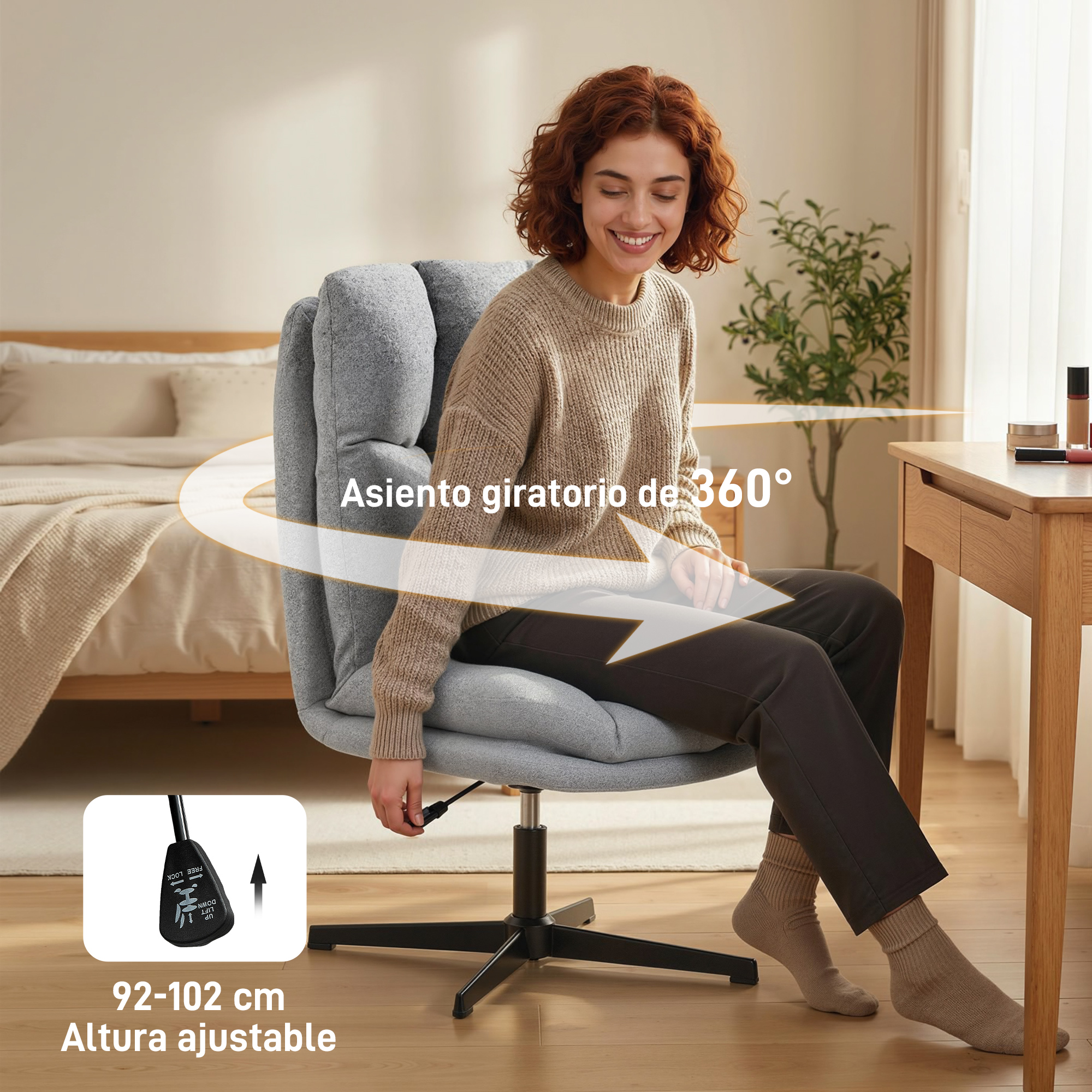 Una mujer sentada en una silla de oficina gris ajustable en altura. La silla gira 360°.