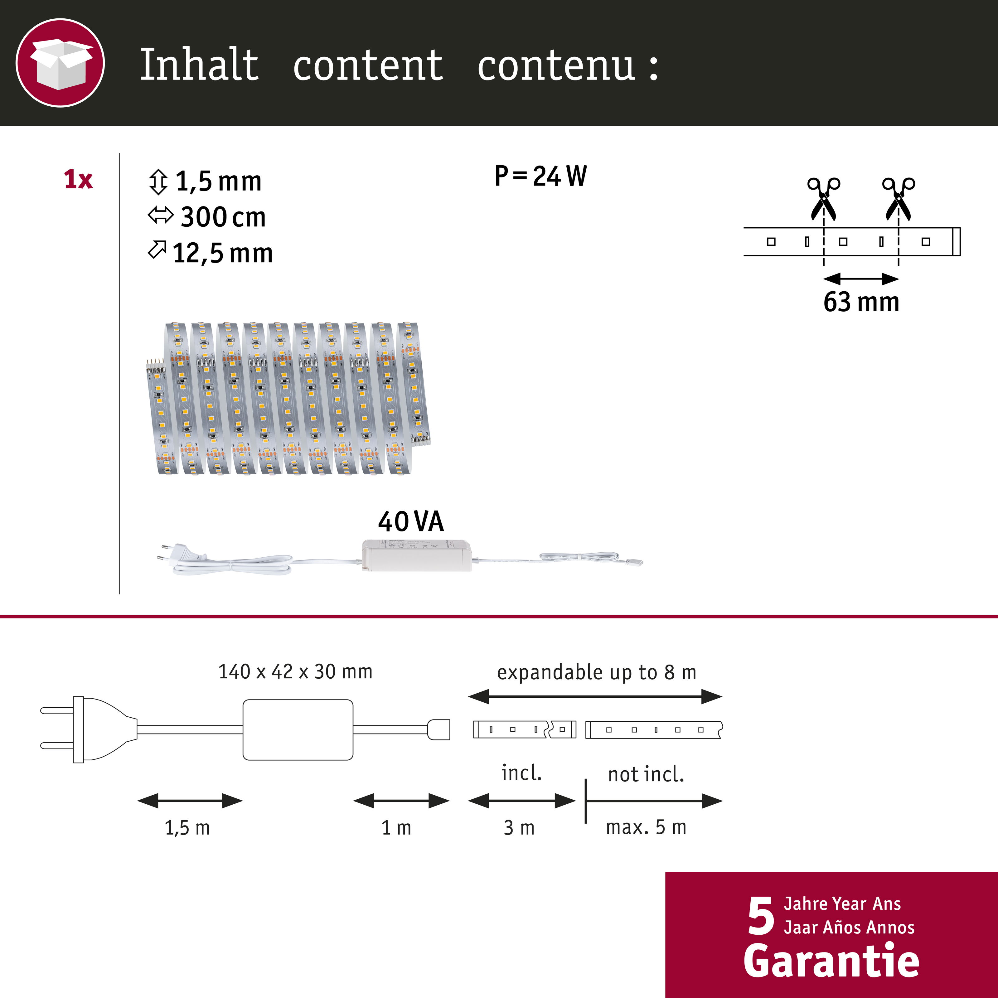 LED-Streifen, Netzteil, 24W, 40VA, 1.5mm dick, 300cm lang, 12.5mm breit.