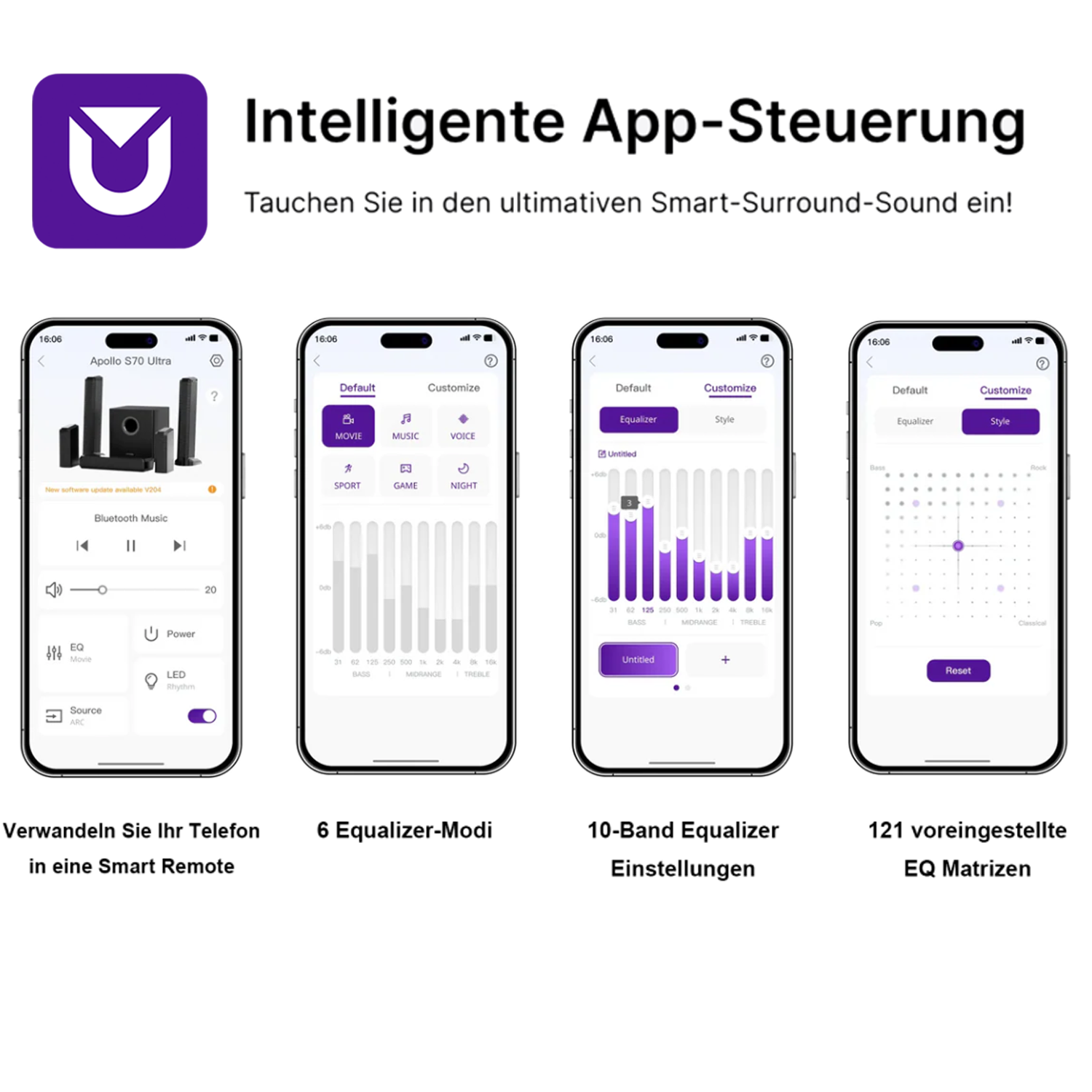 App-Steuerung mit vier Smartphone-Bildschirmen, die Equalizer-Einstellungen zeigen.