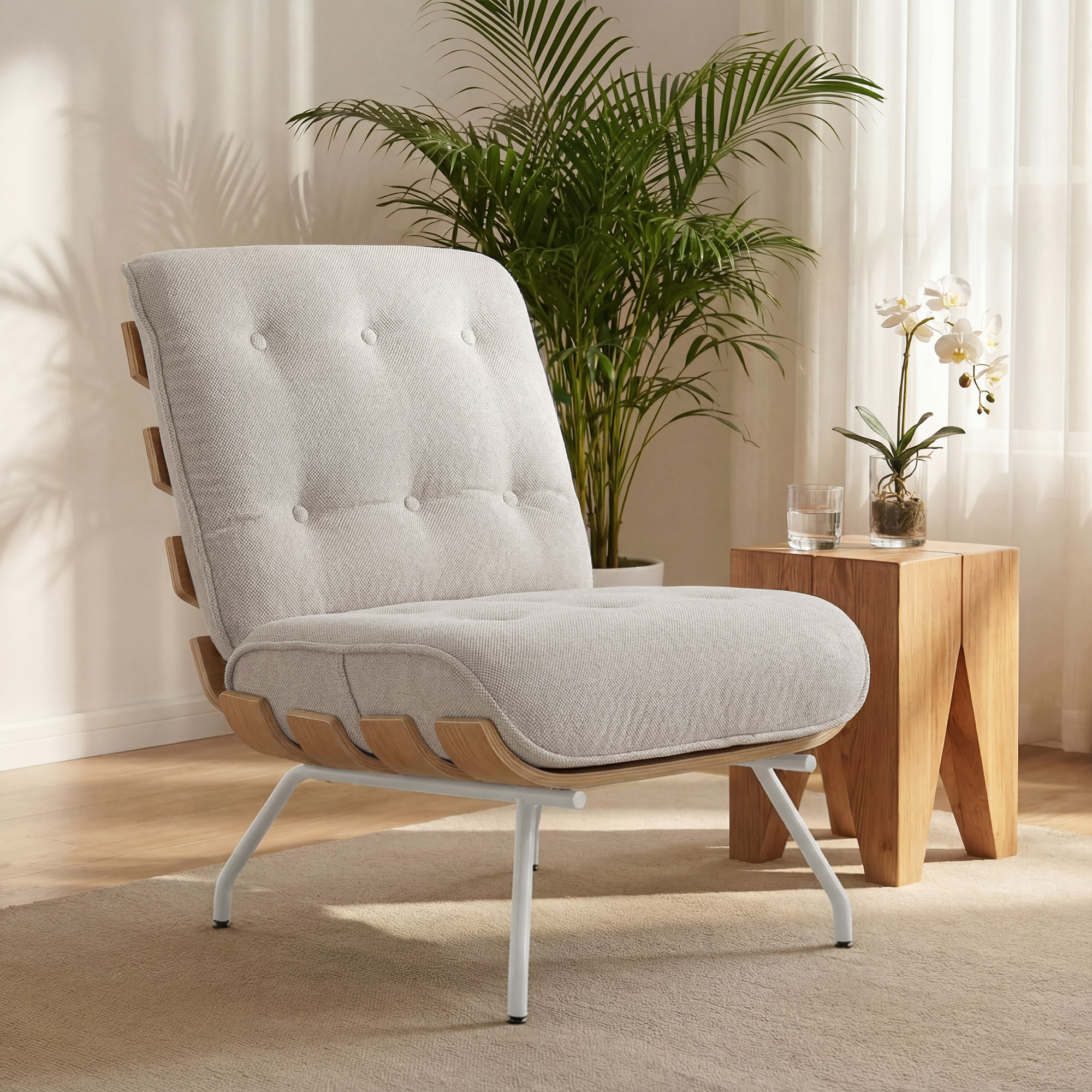 Un sillón gris claro con detalles de madera junto a una mesa de madera con vaso y orquídeas.