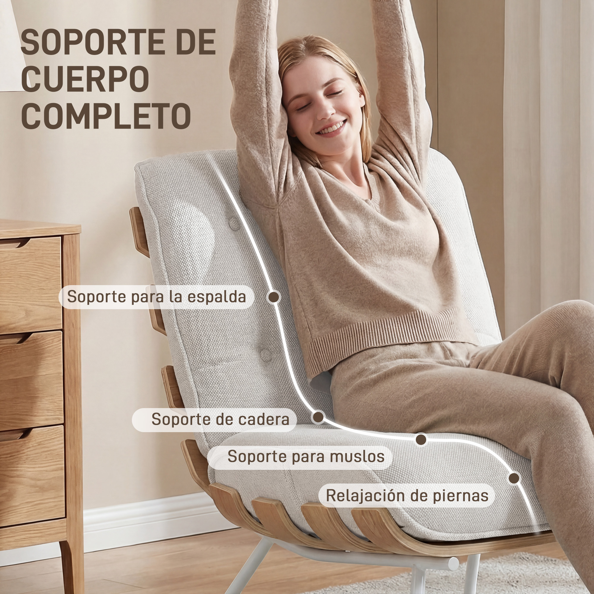 Mujer relajándose en un sillón con etiquetas de texto para soporte de espalda, cadera y piernas.