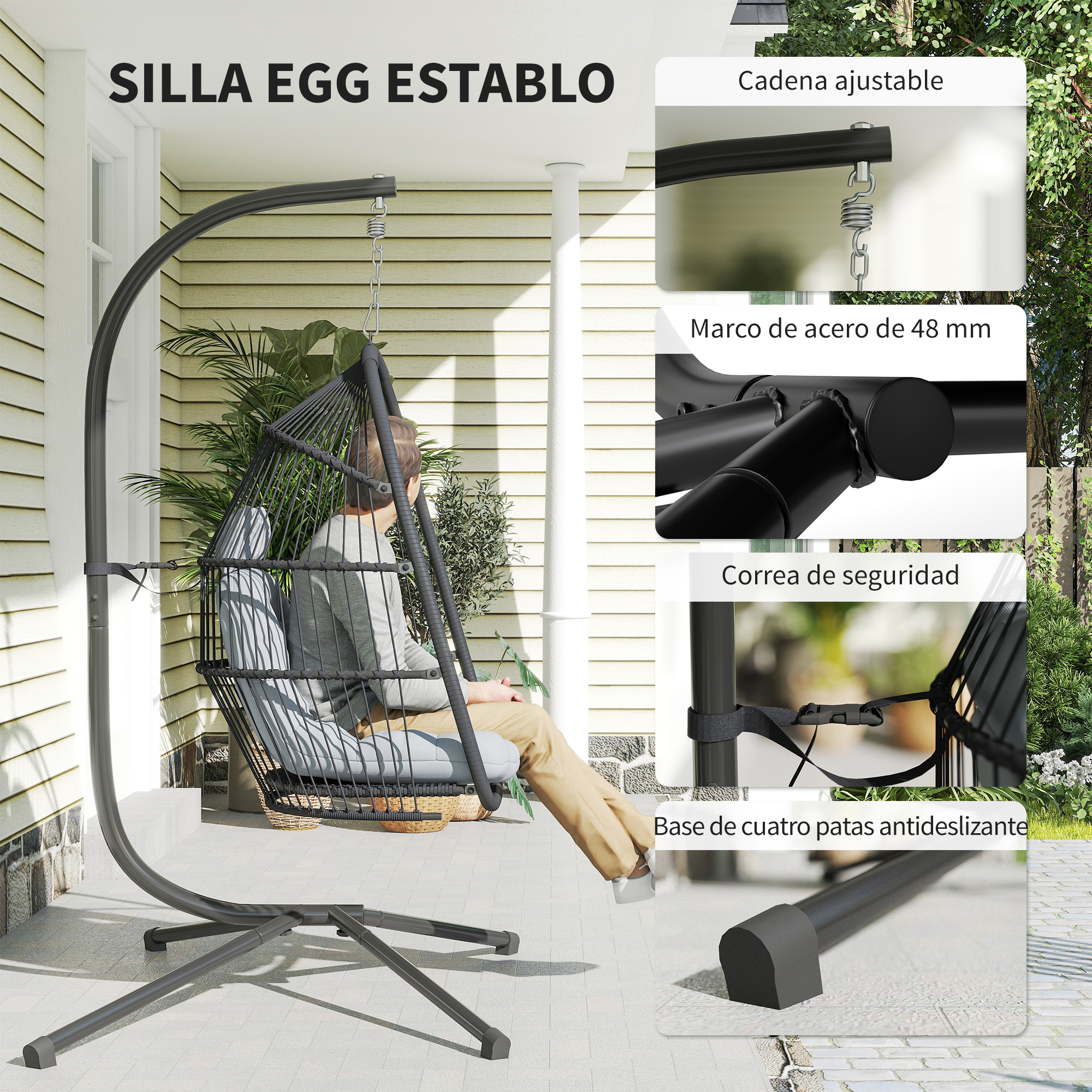 Hombre relajándose en una silla de huevo negra en un patio con vistas detalladas de su estructura.