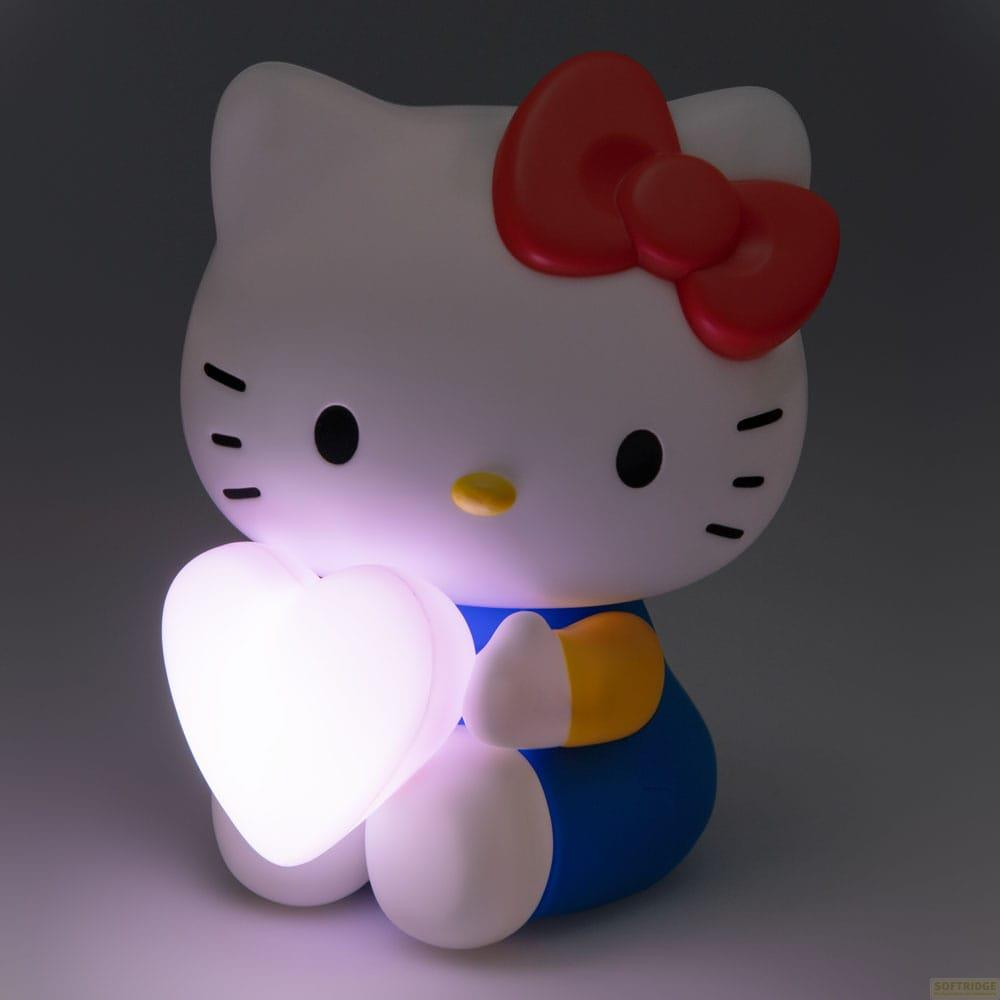 Hello Kitty trzyma świecące serce. Nosi niebieską sukienkę.