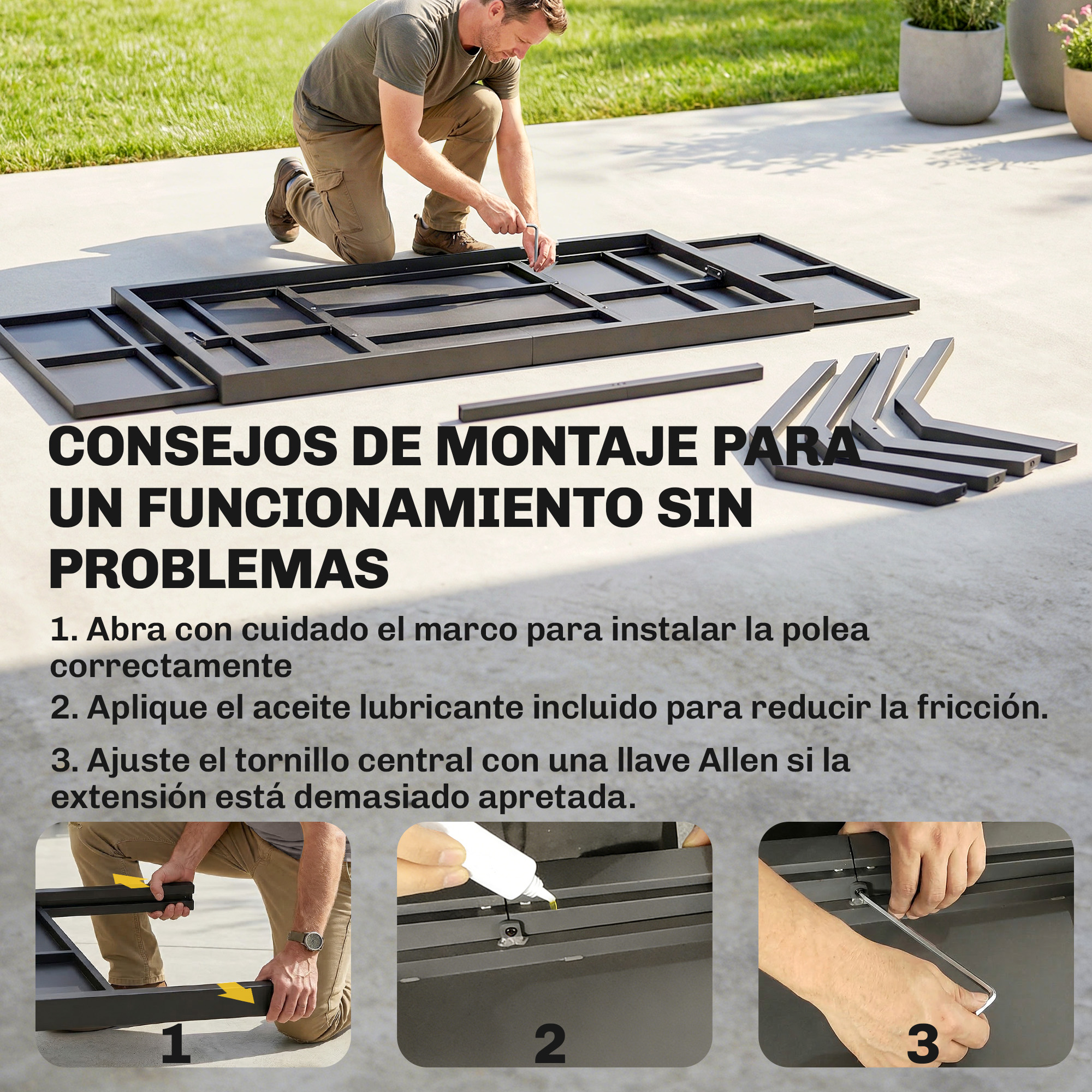 Un hombre monta un marco al aire libre. Instrucciones de montaje con tres pasos.