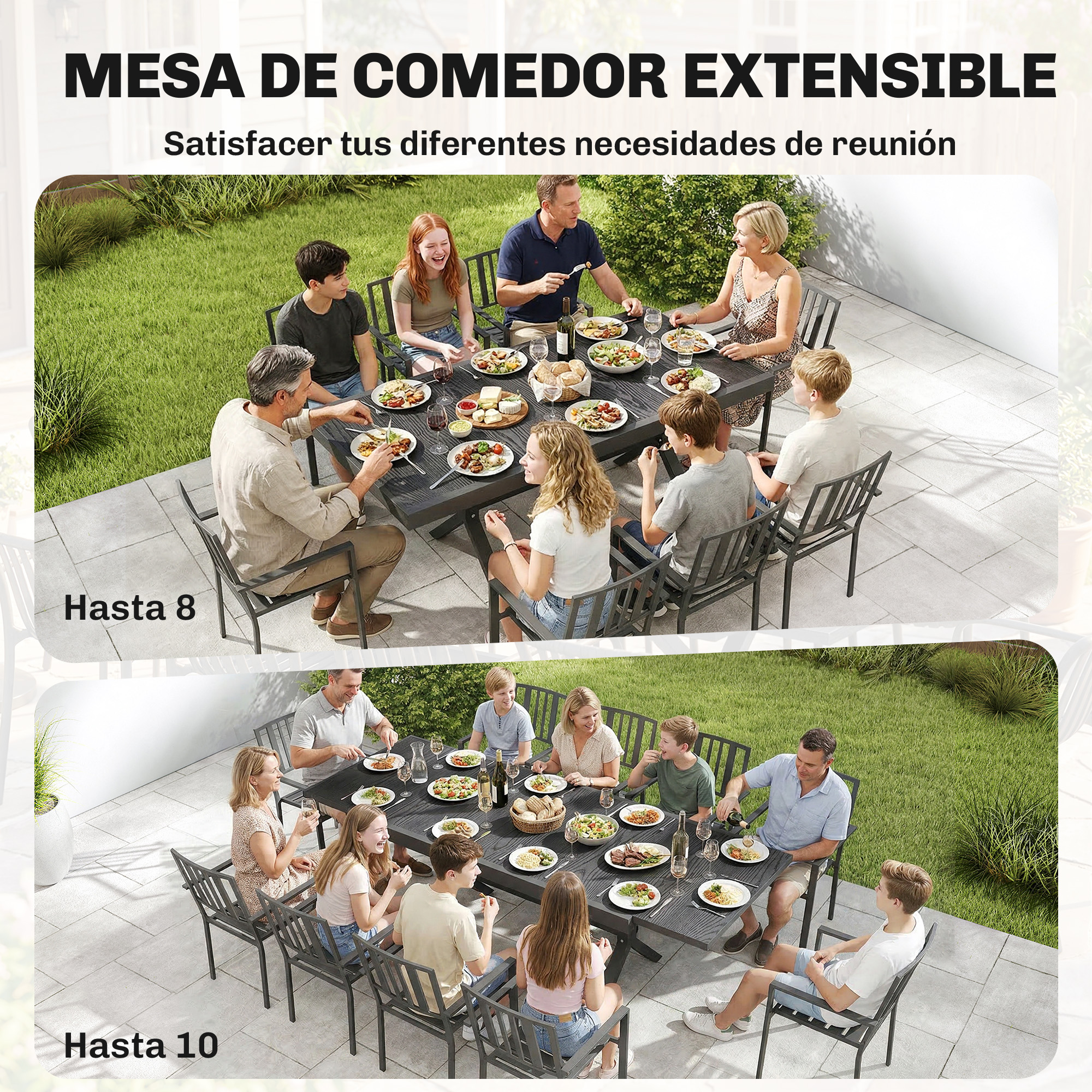 Una familia come al aire libre en una mesa extensible para hasta 8 personas.
