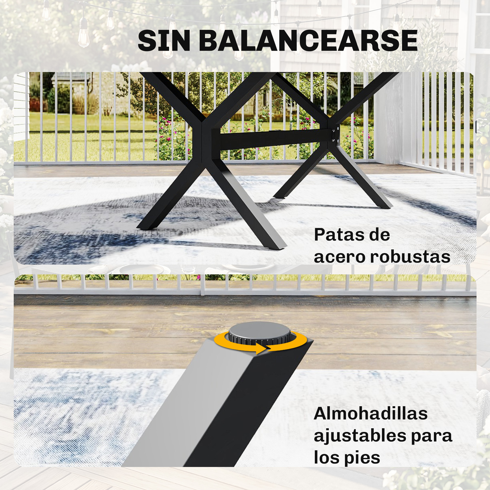 Patas de acero robustas y almohadillas ajustables para pies.