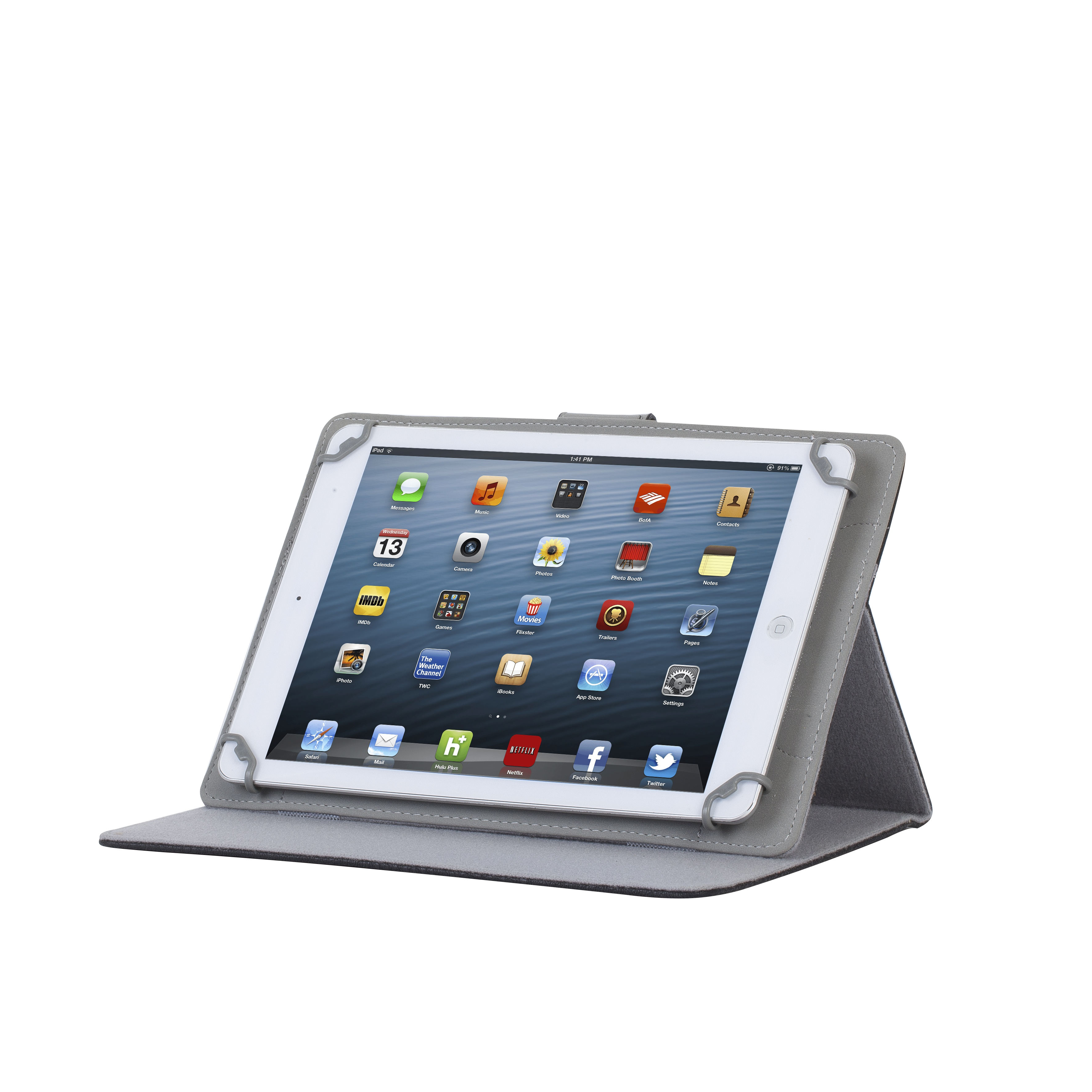 An iPad in a gray protective case stands on a white background.
