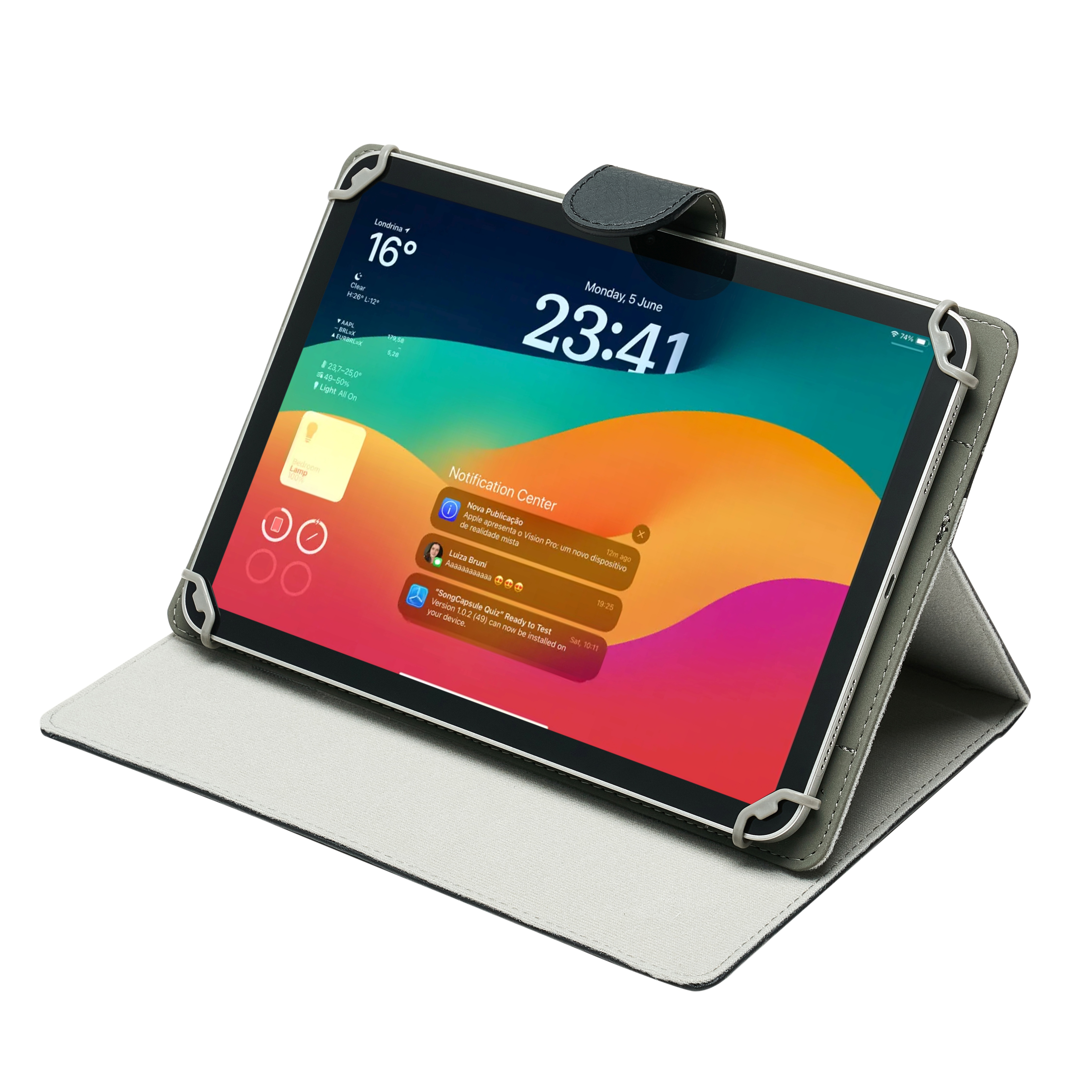 A tablet in a grey stand displays its lock screen with time and notifications.