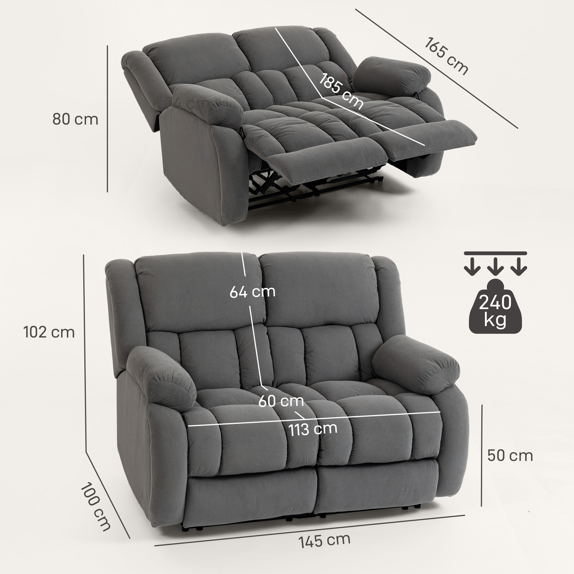 Dimensiones del sillón reclinable gris mostradas: 165cm, 185cm, 80cm, 102cm, 64cm, 60cm, 113cm, 100cm, 50cm, 145cm. Carga máx. 240kg.