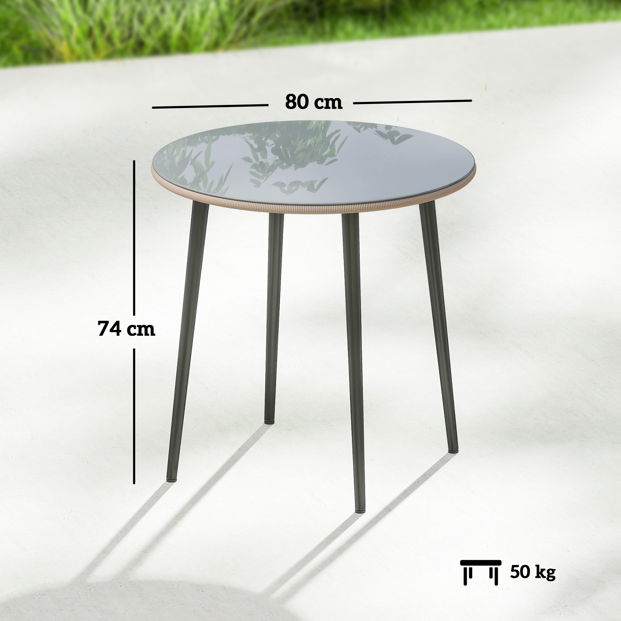 Mesa redonda, 80 cm de ancho, 74 cm de alto, con tapa de cristal y patas oscuras.