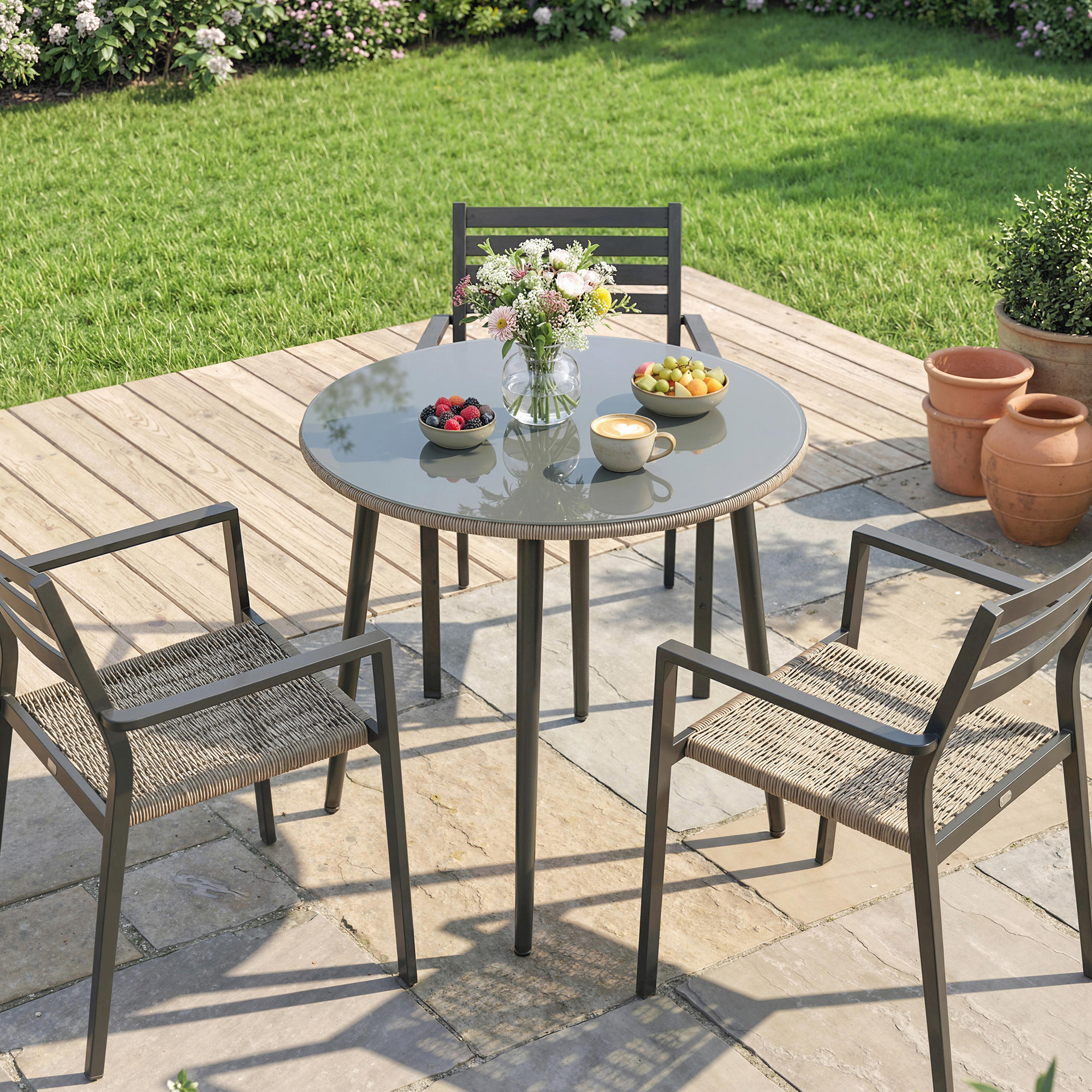 Una mesa redonda con cuatro sillas en un jardín con fruta y café.