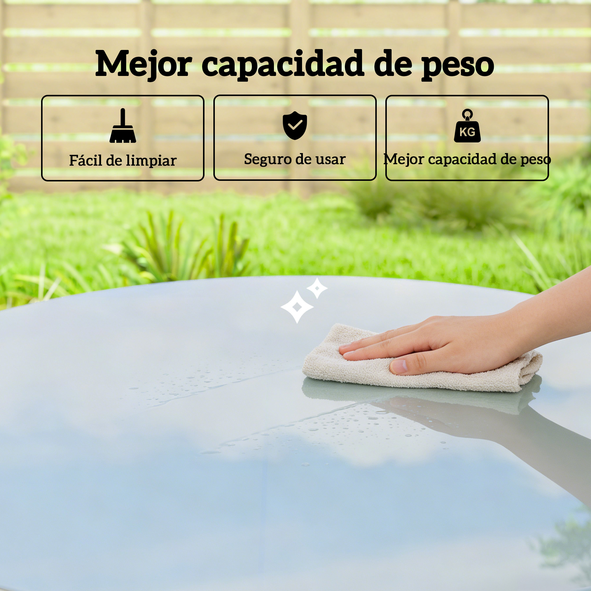 Una mano limpia una mesa con un paño. Se ve vegetación al aire libre.