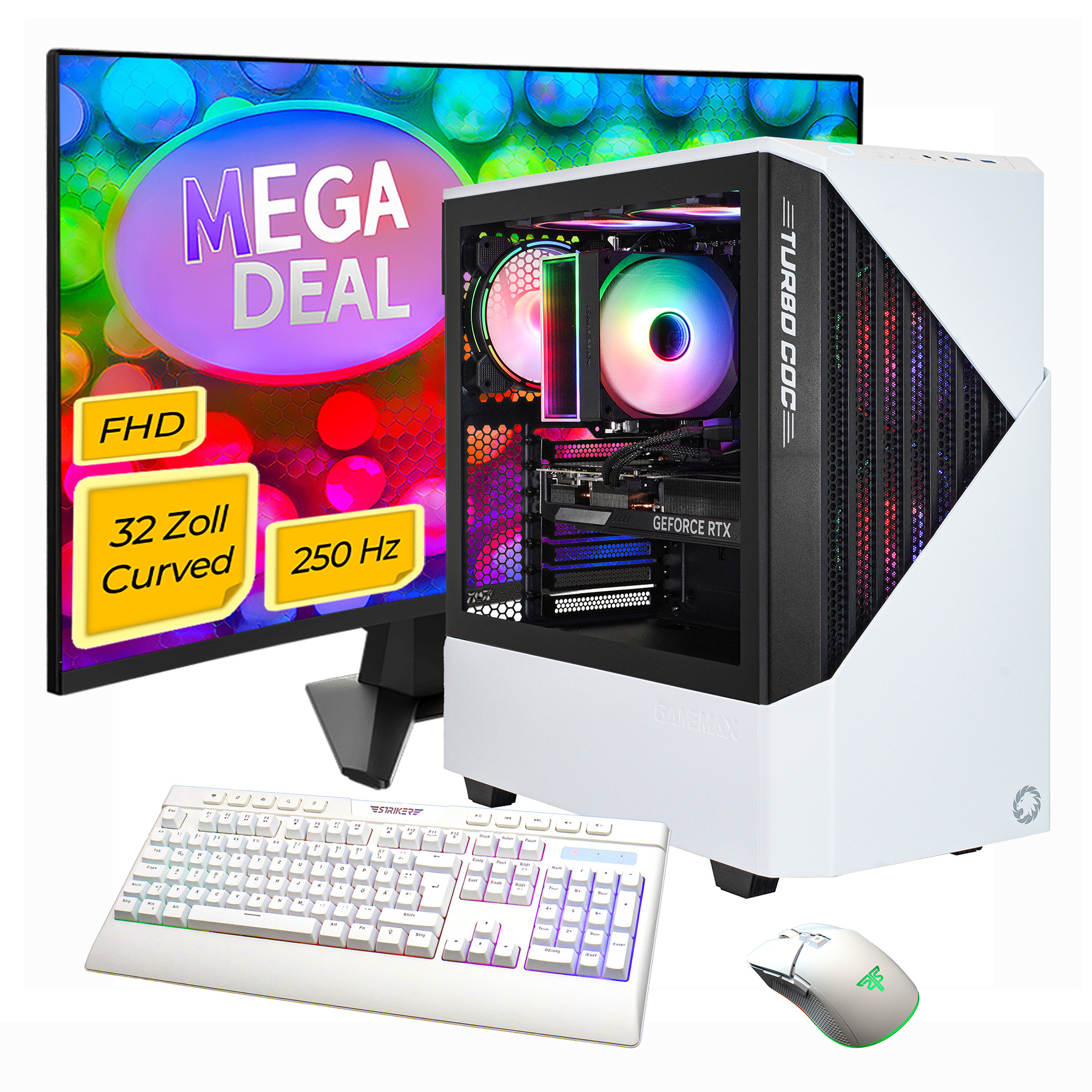 Ein Gaming-PC mit RGB-Lüftern, weißem Gehäuse, Tastatur und Maus.