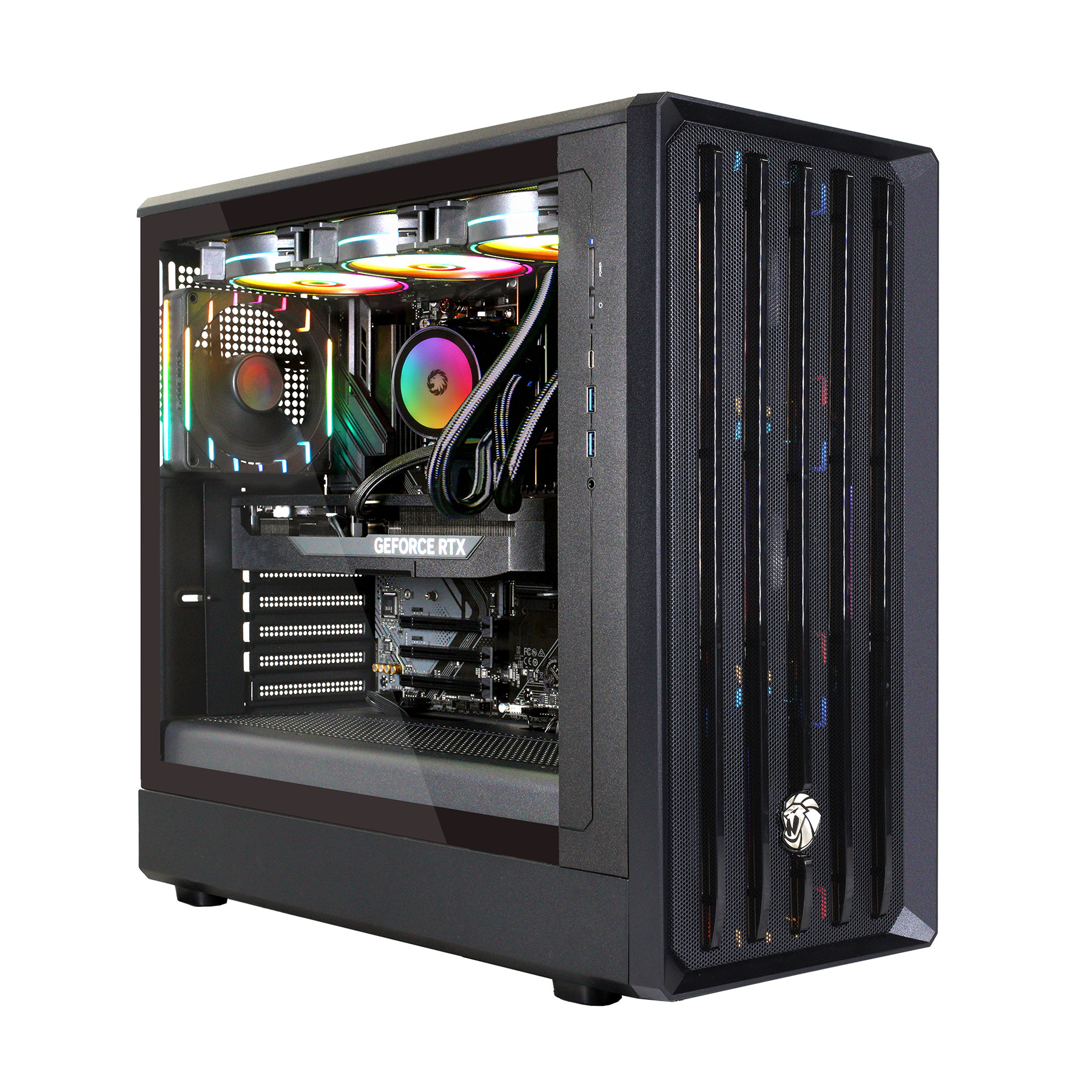 Ein schwarzes Computergehäuse mit RGB-Lüftern und einer GeForce RTX-Grafikkarte.