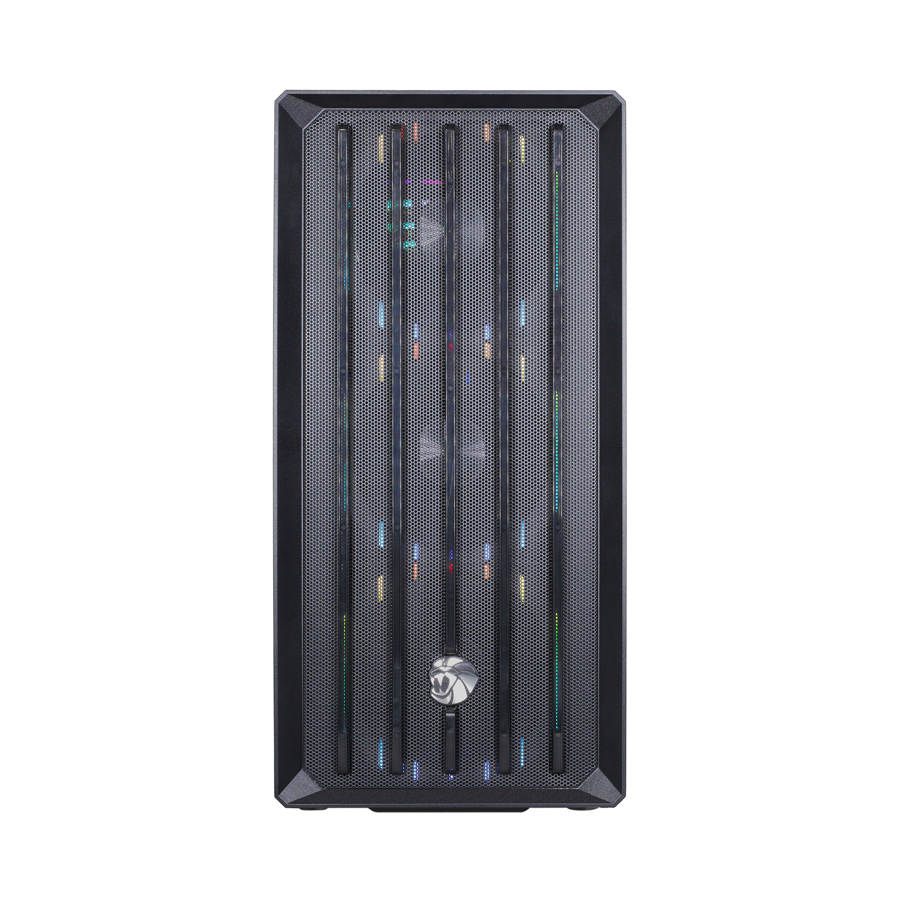 Schwarzes Computergehäuse mit Lüftern und bunten LEDs, auf weißem Hintergrund.