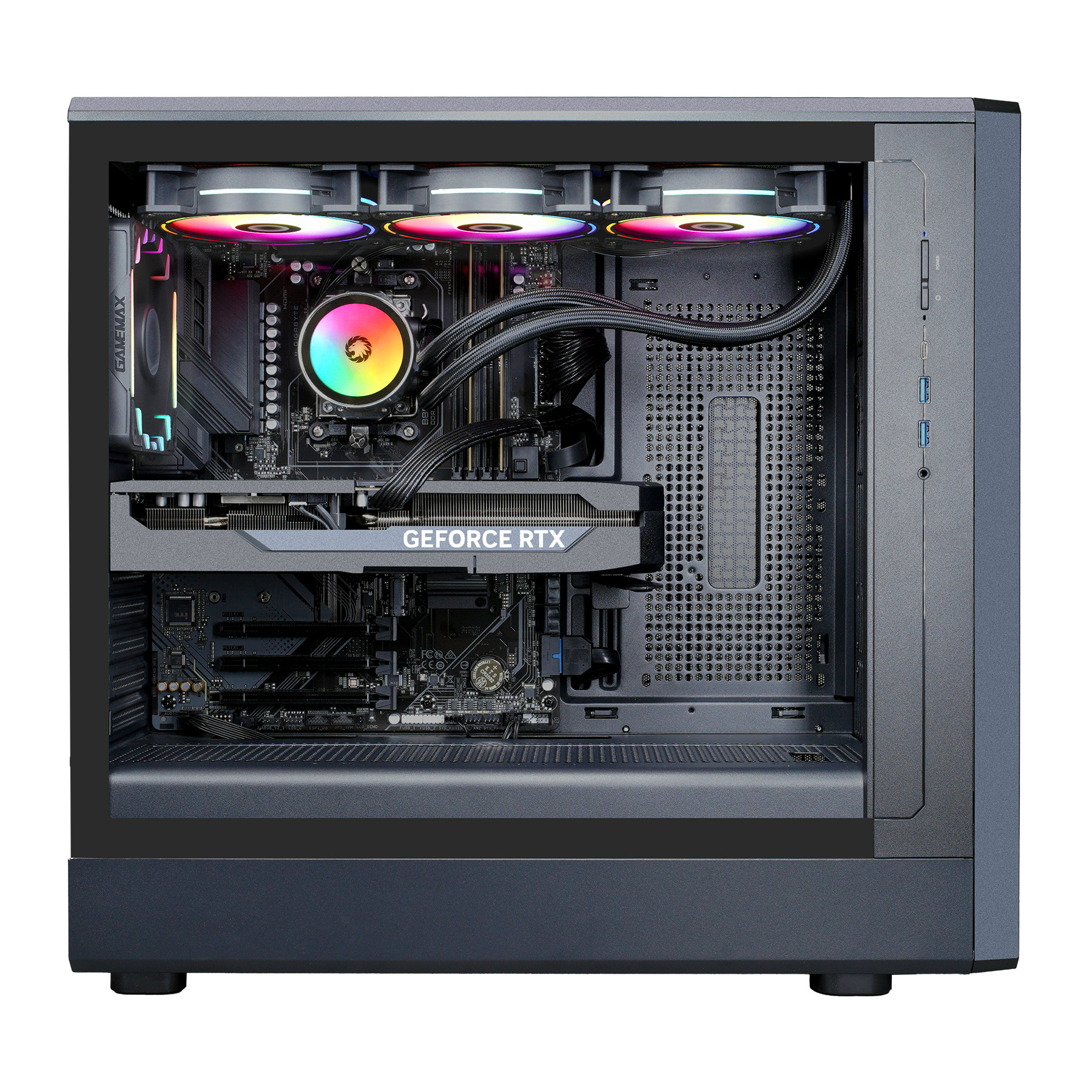 Ein offener Computer-Tower mit RGB-Lüftern, Grafikkarte und CPU-Kühler.