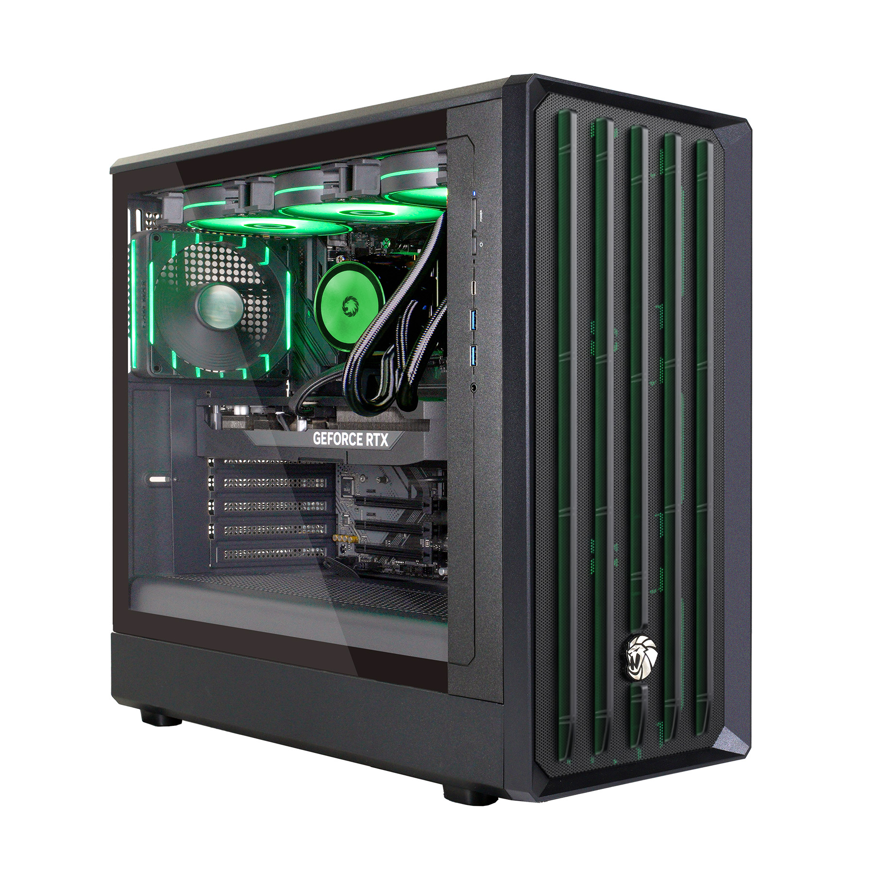 Ein schwarzer PC-Tower mit grün beleuchteten Lüftern und Komponenten.