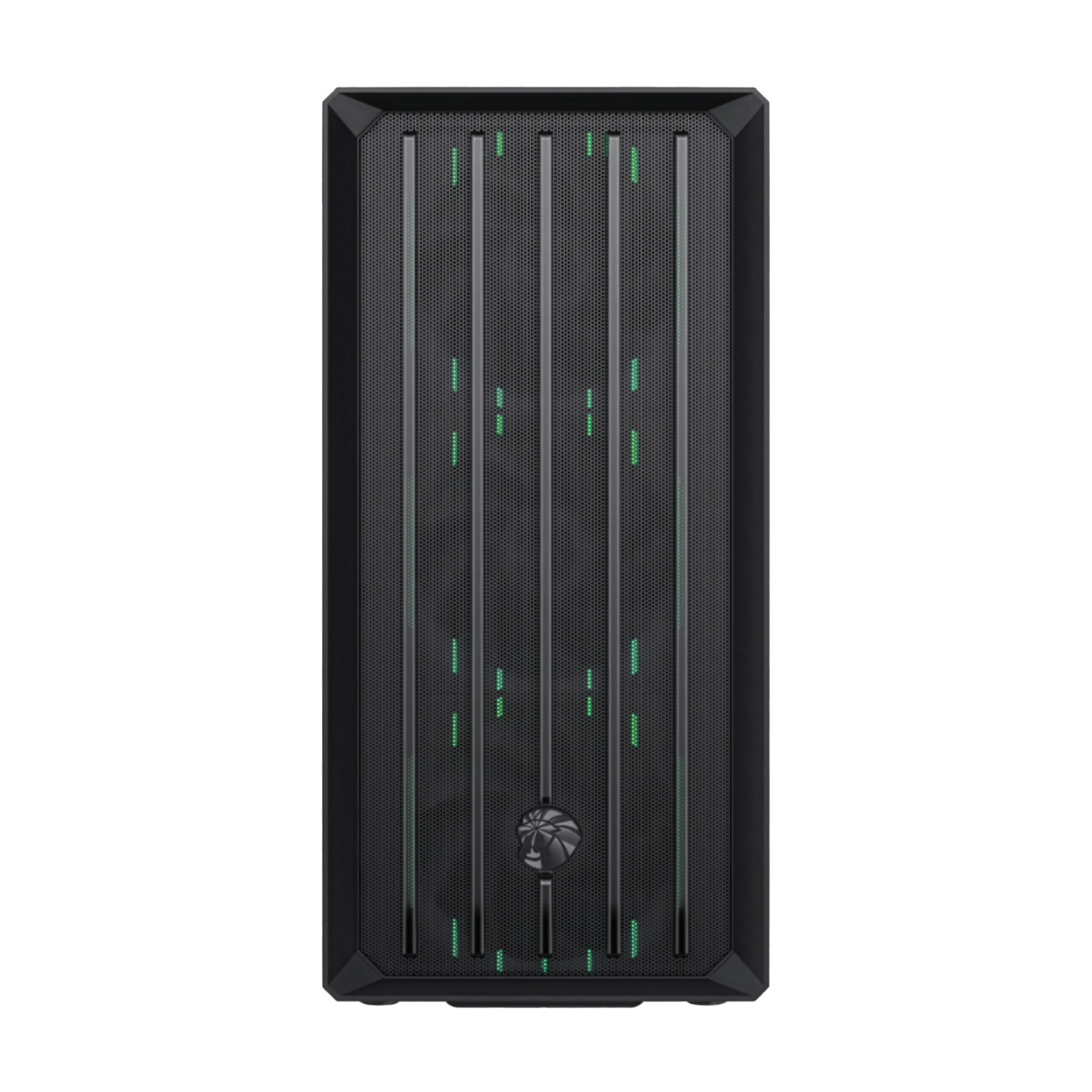 Schwarzes Computergehäuse mit Lüftungsschlitzen und grünen Lichtern.