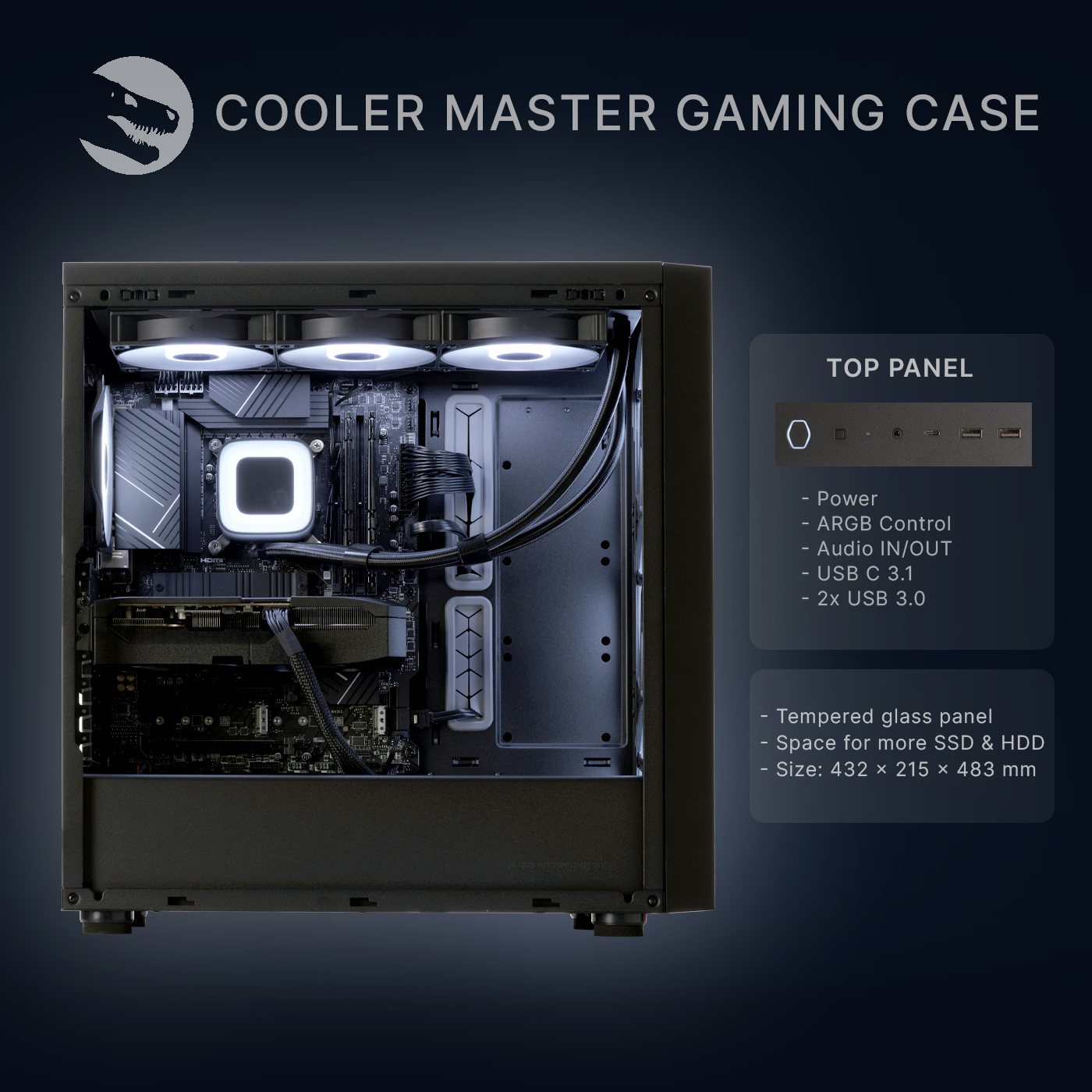 Un PC gaming Cooler Master ouvert avec lumières et câbles. Panneau supérieur montre ports et commandes.