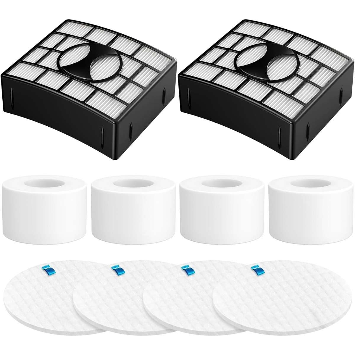 Zwei schwarze rechteckige Filter mit Gitternetzmuster, vier weiße zylindrische Teile und vier runde weiße Filter.