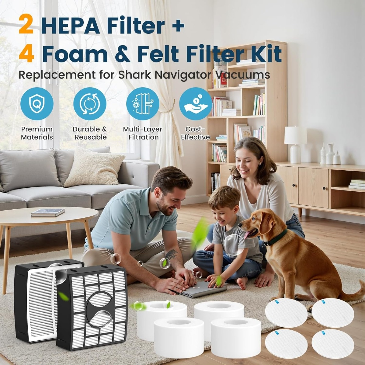 Familie mit Hund auf dem Boden. Staubsaugerfilter im Vordergrund.