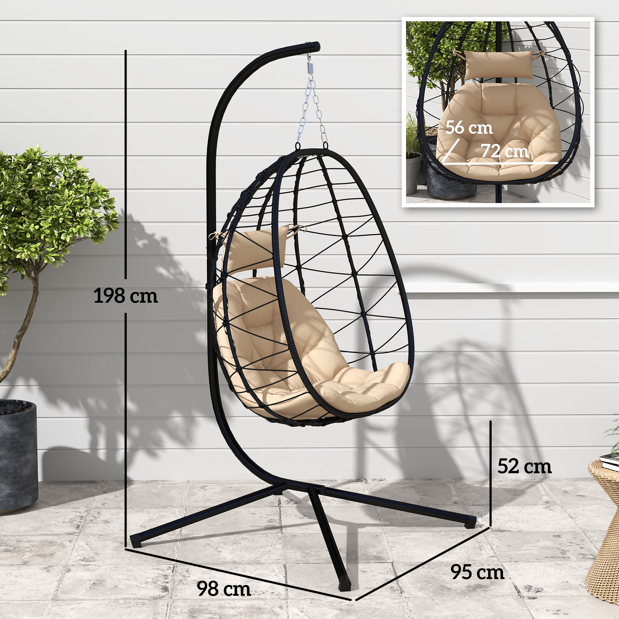 Silla colgante negra con cojines beige, se muestran las dimensiones.