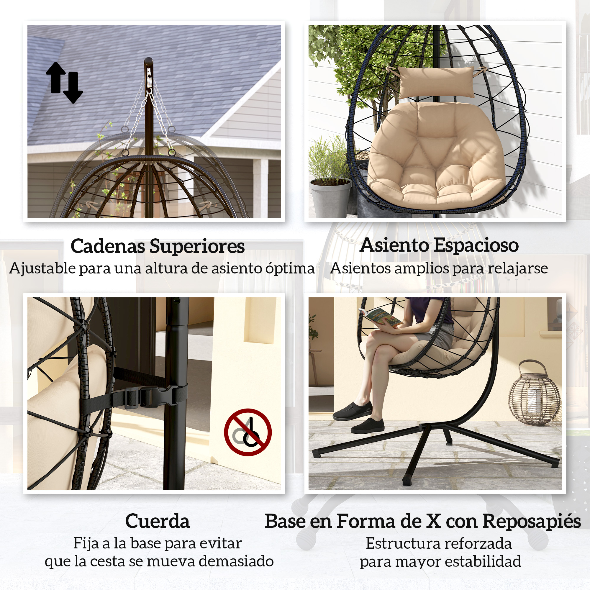 Cuatro imágenes muestran características de una silla de huevo colgante: cadenas ajustables, asiento espacioso, cuerda.