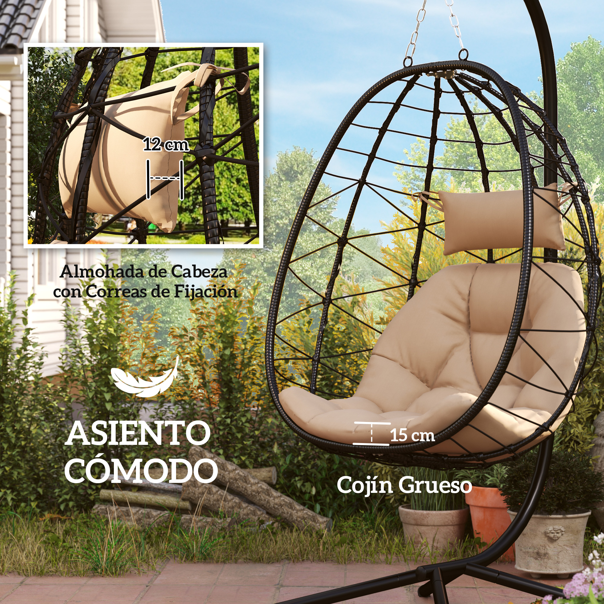 Una silla colgante negra con cojines beige al aire libre, con medidas y texto.