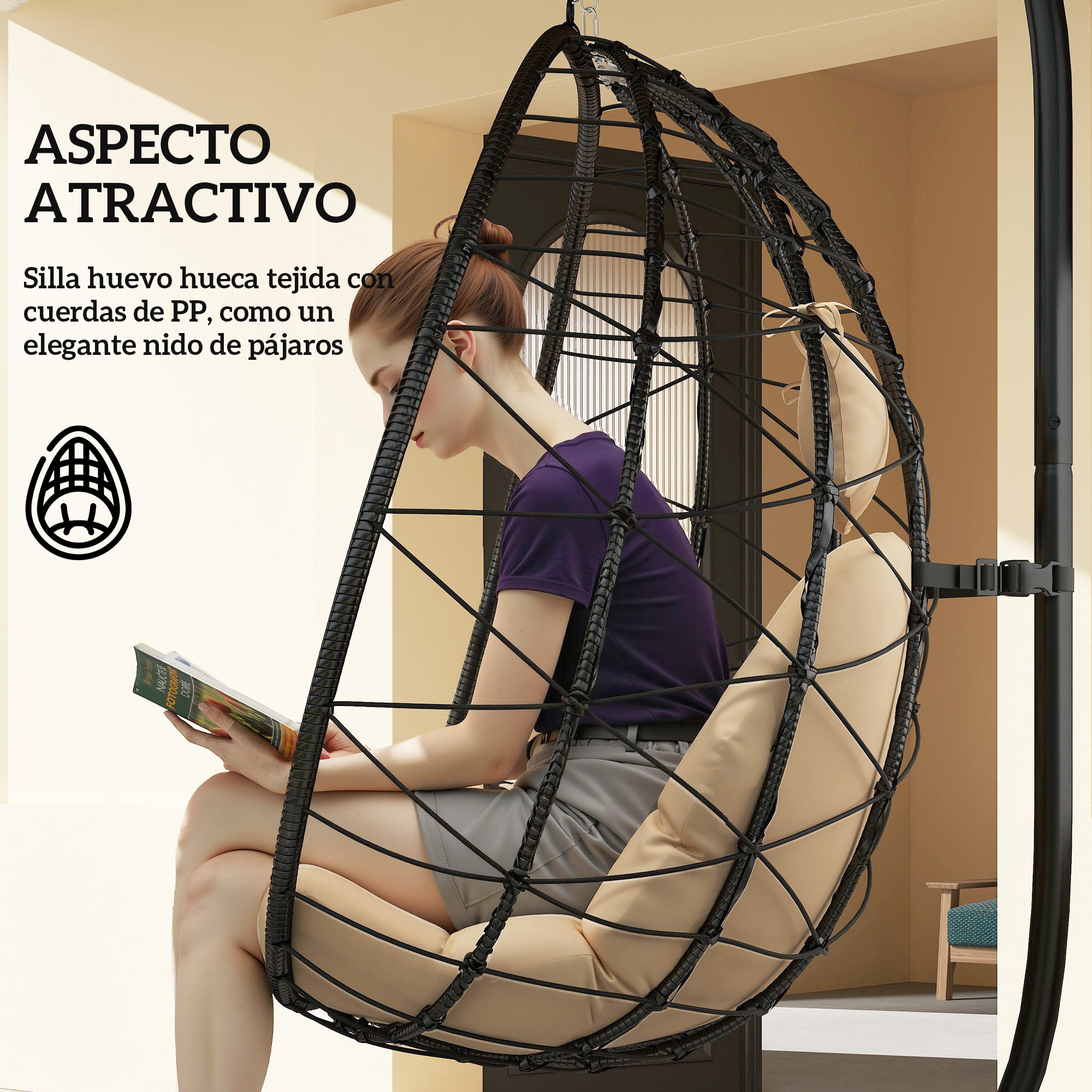Una mujer lee en una silla de huevo tejida negra con cojines beige.