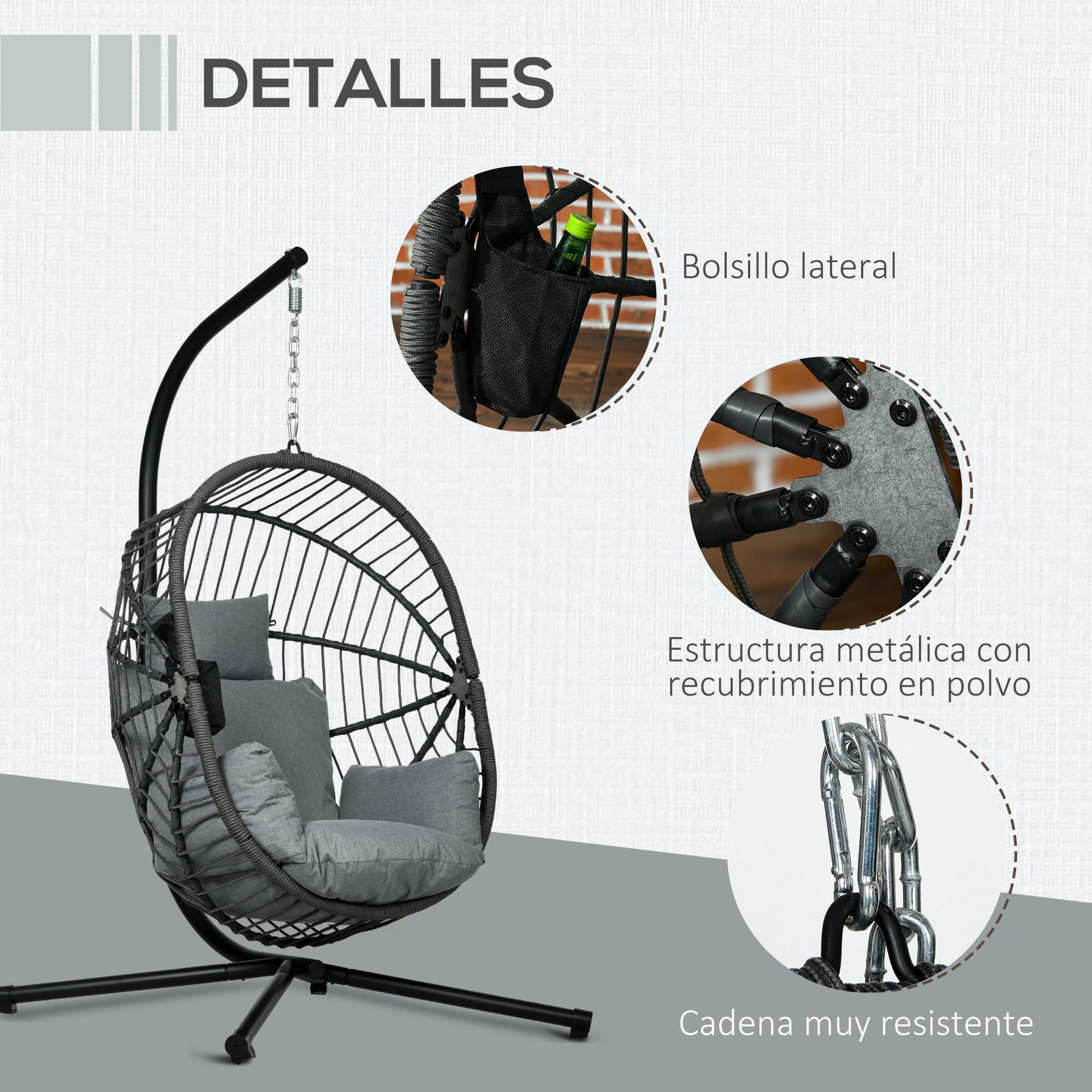 Una silla colgante gris con estructura metálica, cojines y bolsillo lateral.