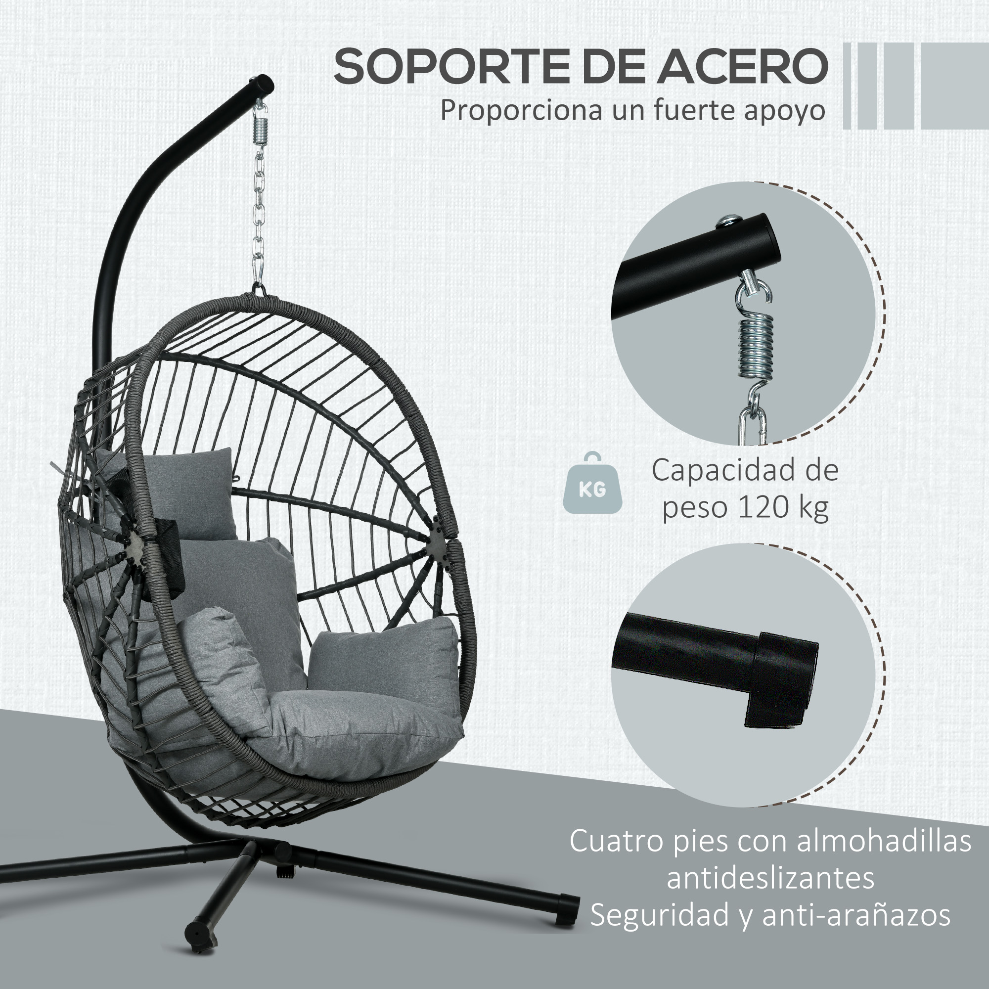 Un sillón colgante gris con cojines sobre un soporte negro. Los detalles muestran resorte y pies.