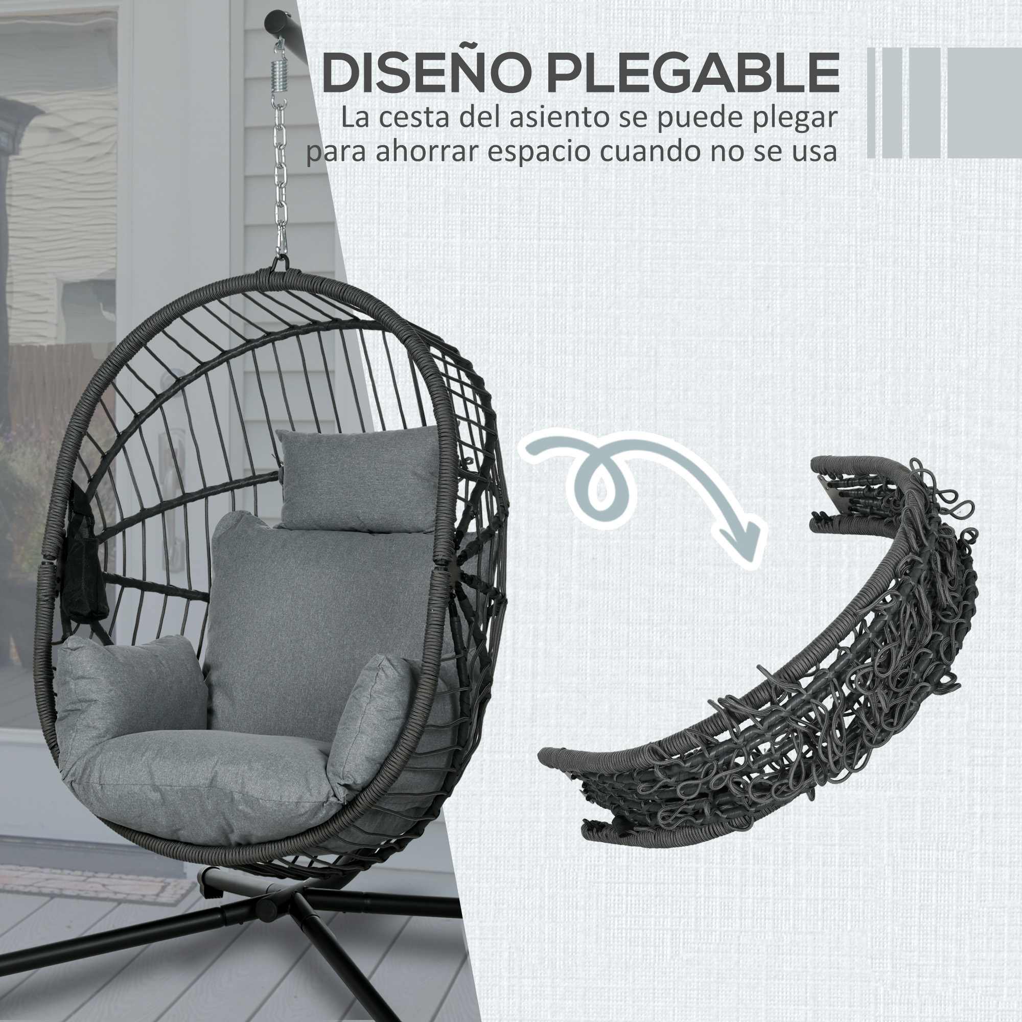 Silla colgante gris con cojines, mostrada abierta y plegada. Ahorra espacio.