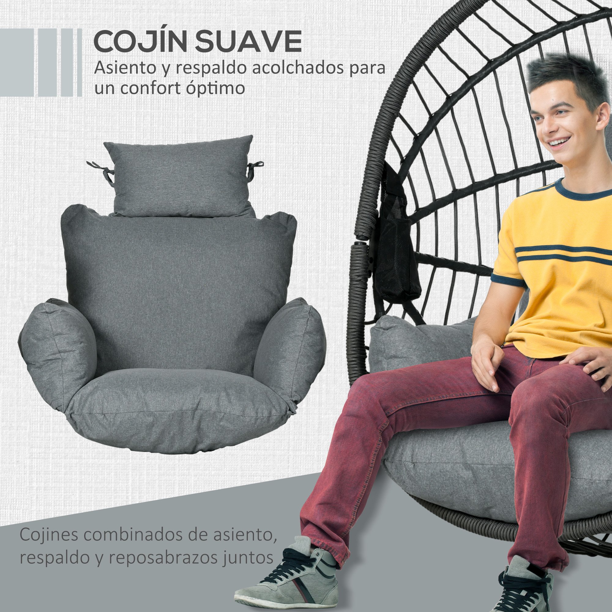 Cojines grises de asiento y respaldo para silla colgante con chico sonriente.