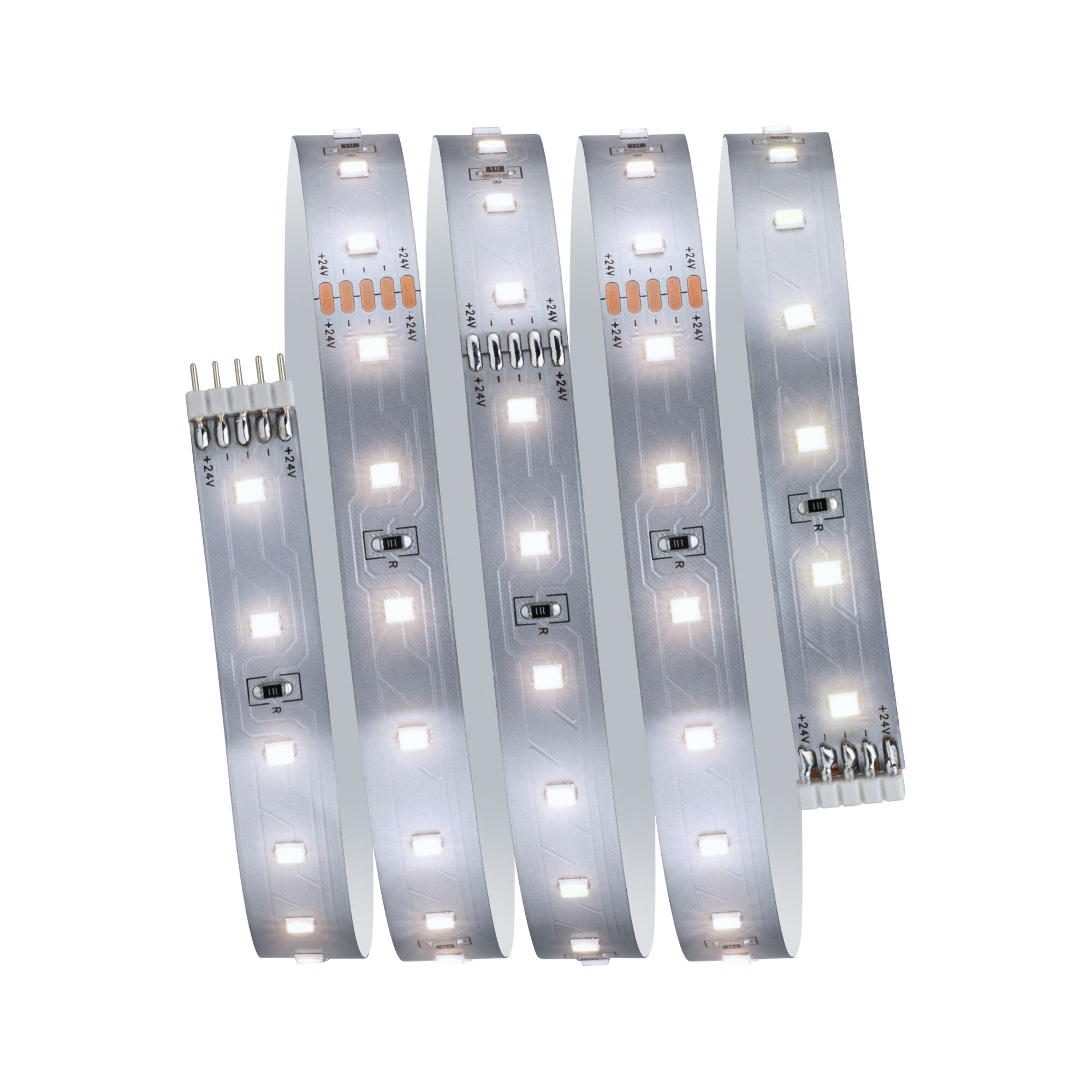 Ein aufgerolltes LED-Streifenband mit weißen LEDs und 24V-Beschriftung.