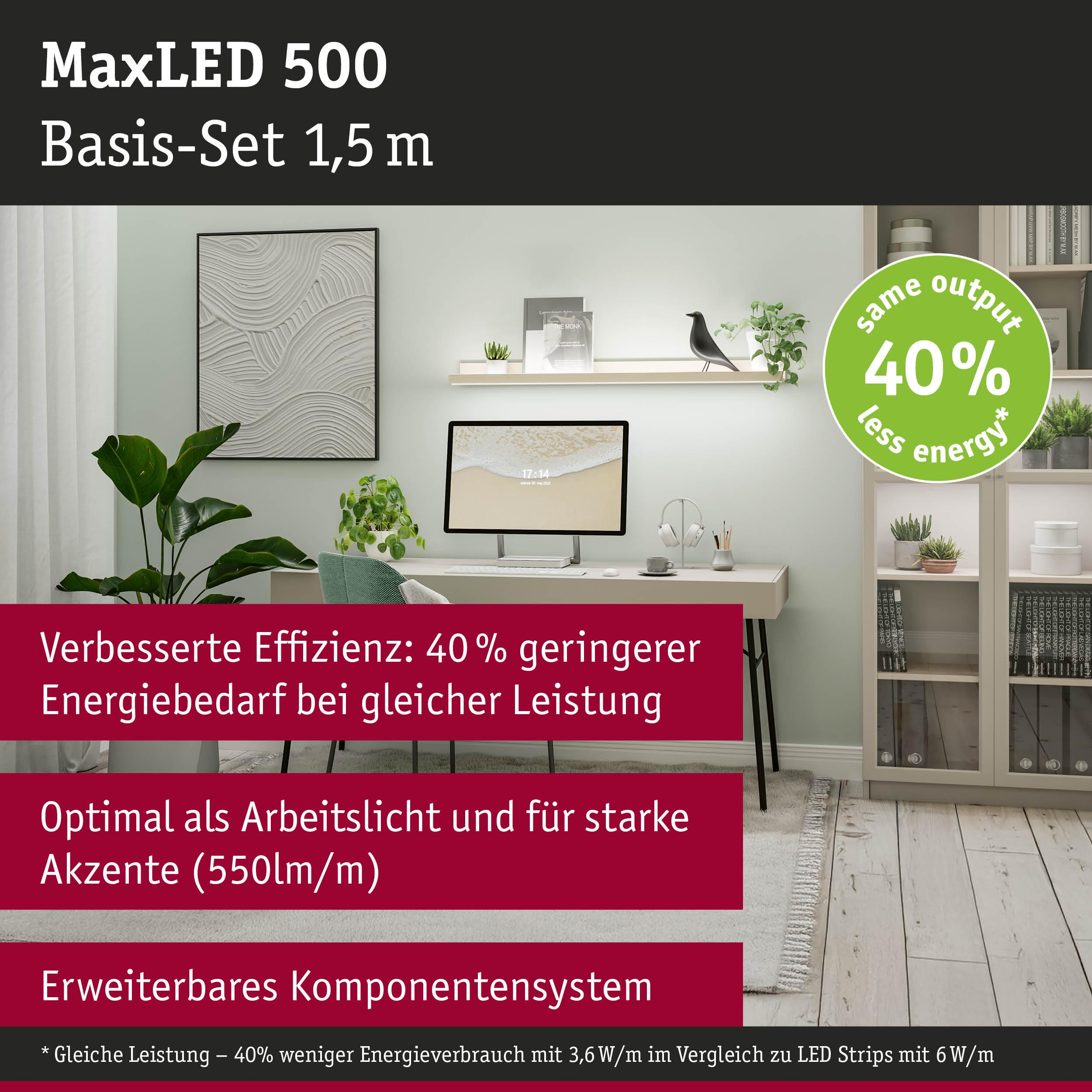 MaxLED 500 Basis-Set 1,5m: 40% weniger Energie, Schreibtisch mit PC, Pflanze, Regal.