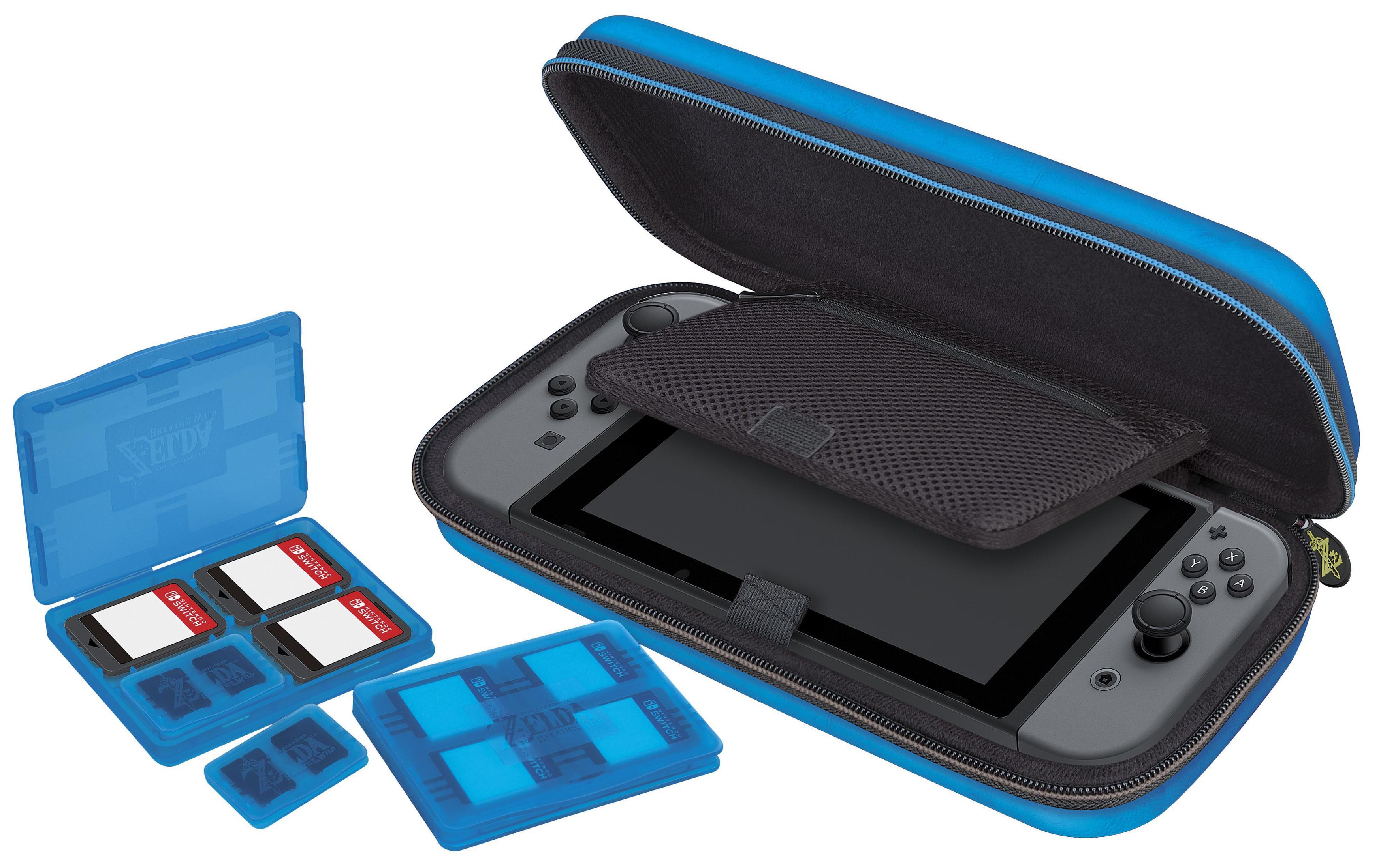 Nintendo Switch w niebieskim etui z uchwytami na karty gry i grami.