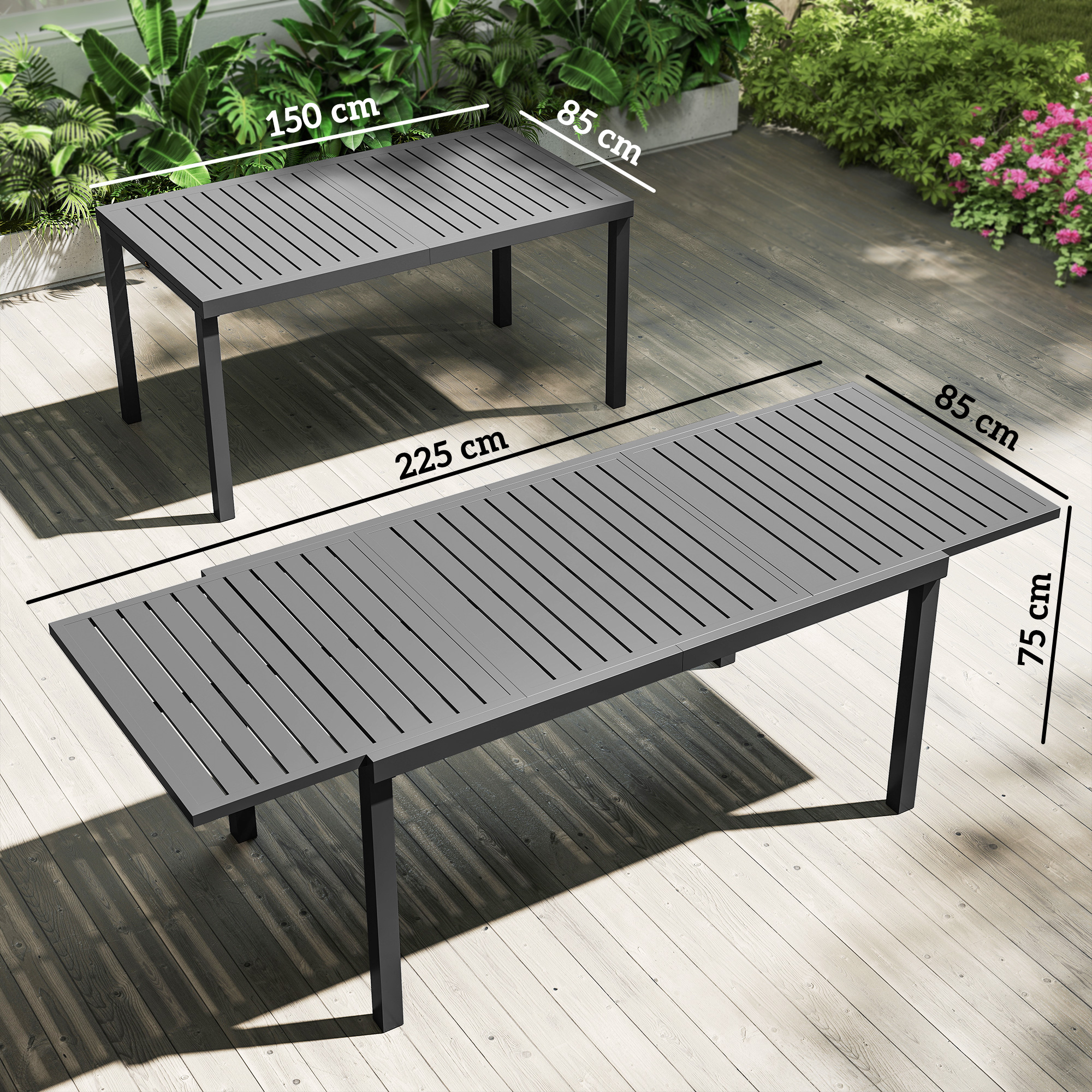 Dos mesas grises de exterior en tarima de madera. Una mide 150x85cm, la otra 225x85cm.