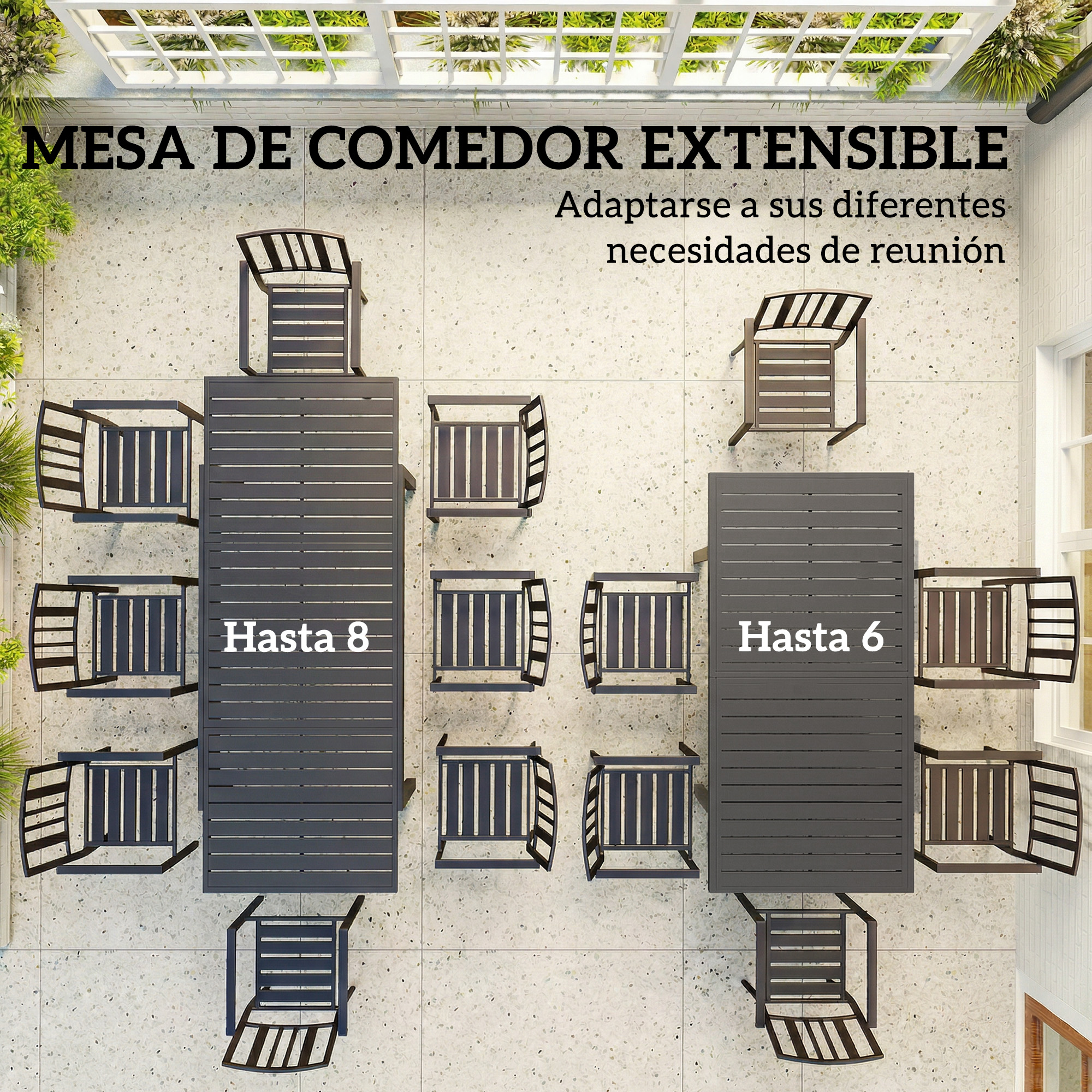 Mesa de comedor extensible con sillas para 8 y 6 personas, en un patio embaldosado.