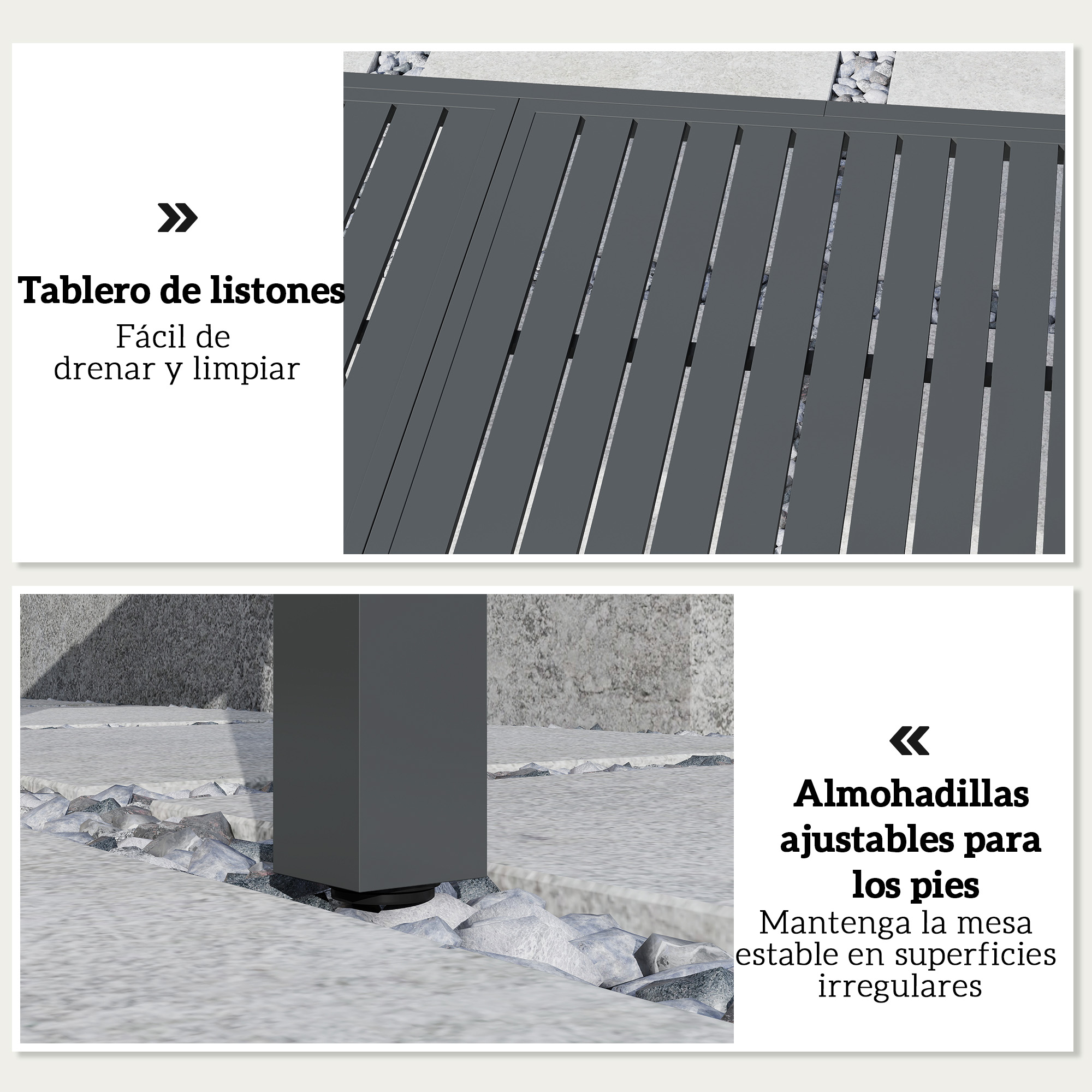 Mesa gris de listones con patas ajustables sobre piedras.