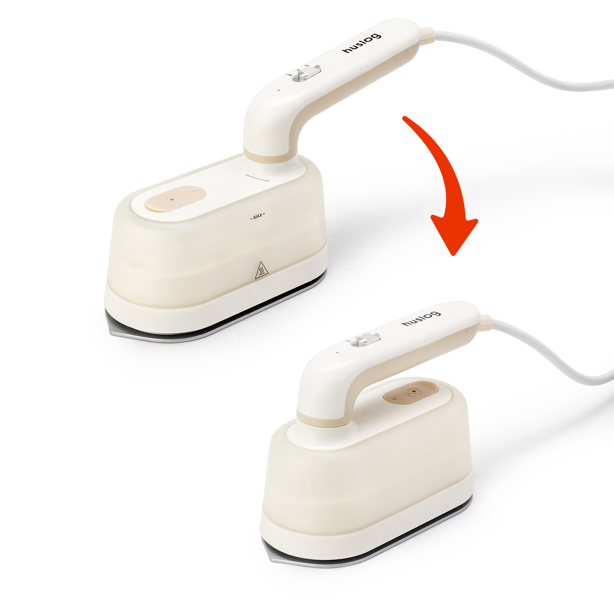 Dwa biało-beżowe żelazka parowe obok siebie, jedno skierowane w dół.