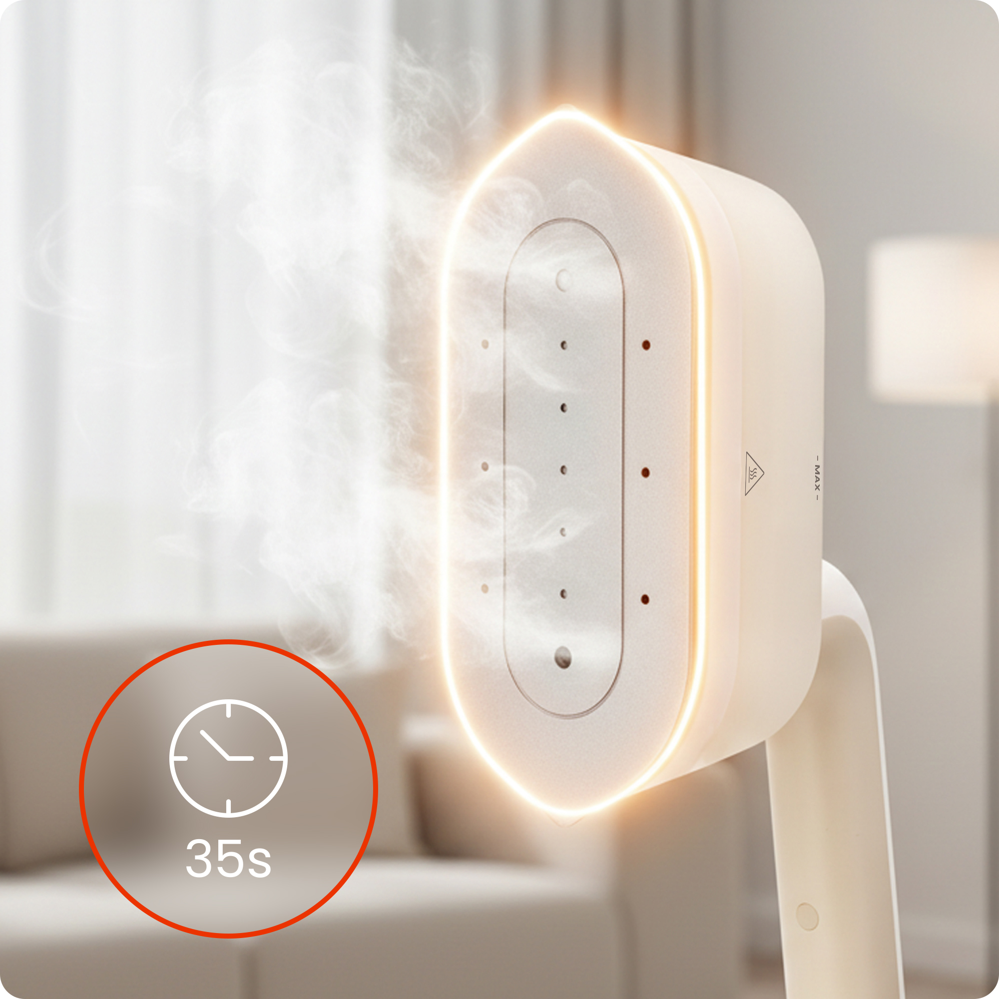 Parownica z podświetlanymi krawędziami i parą, obok ikona timera 35s.