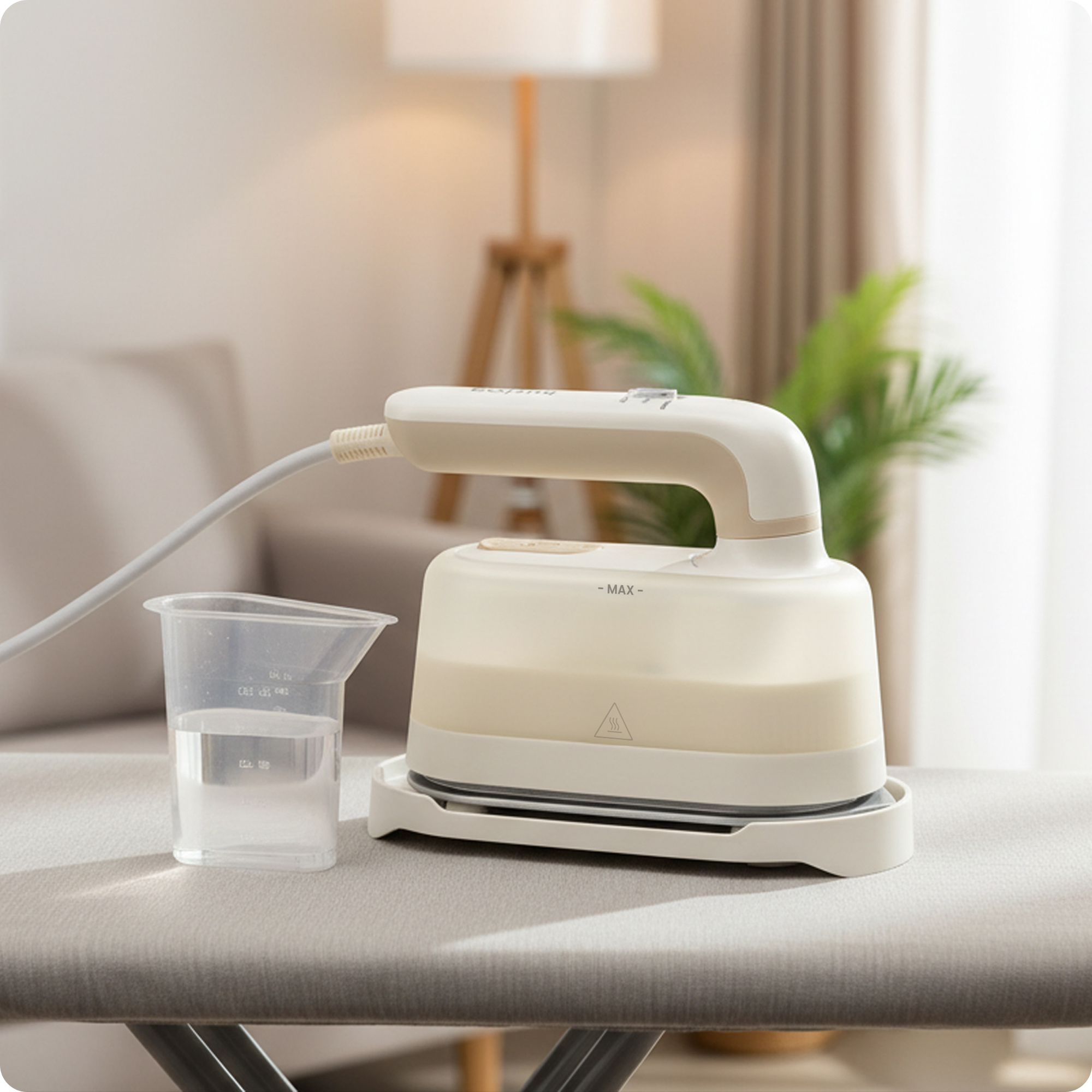 Przenośne żelazko parowe i miarka z wodą na desce do prasowania.