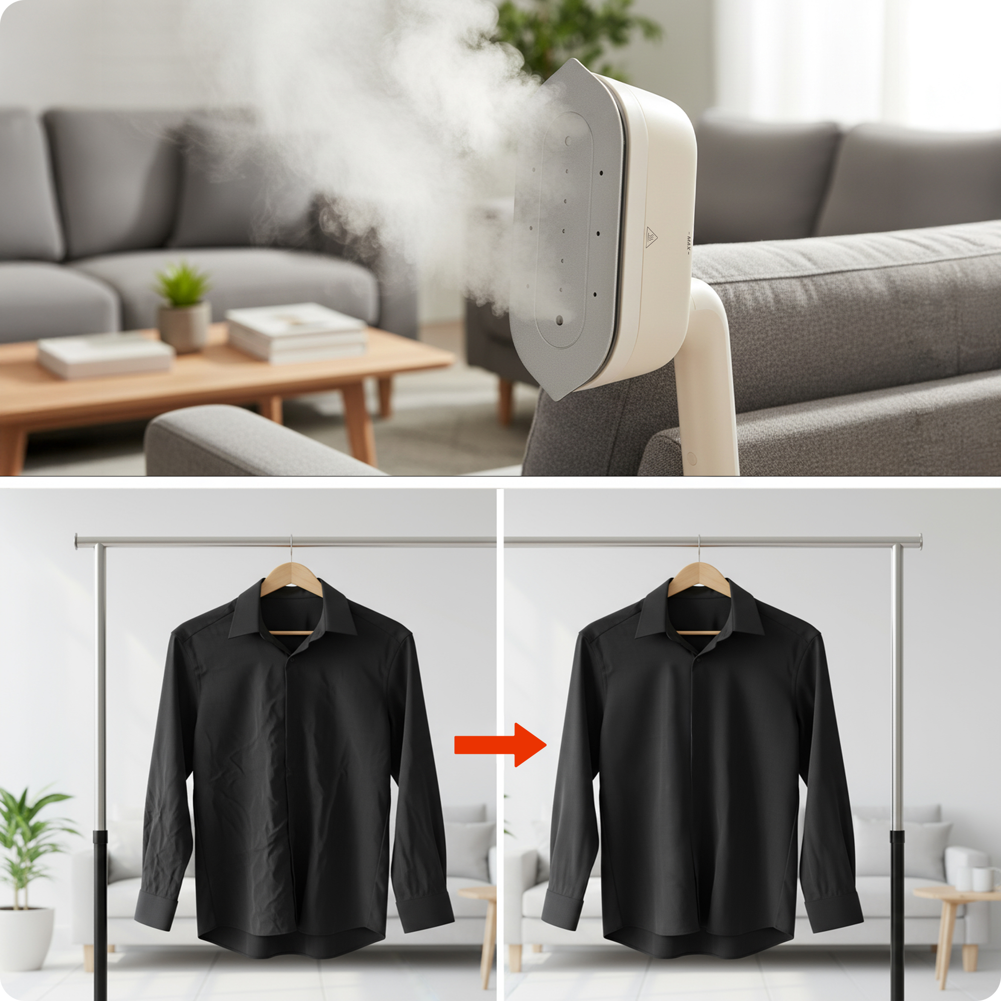 Parownica do ubrań wygładzająca pogniecioną czarną koszulę na wieszaku.