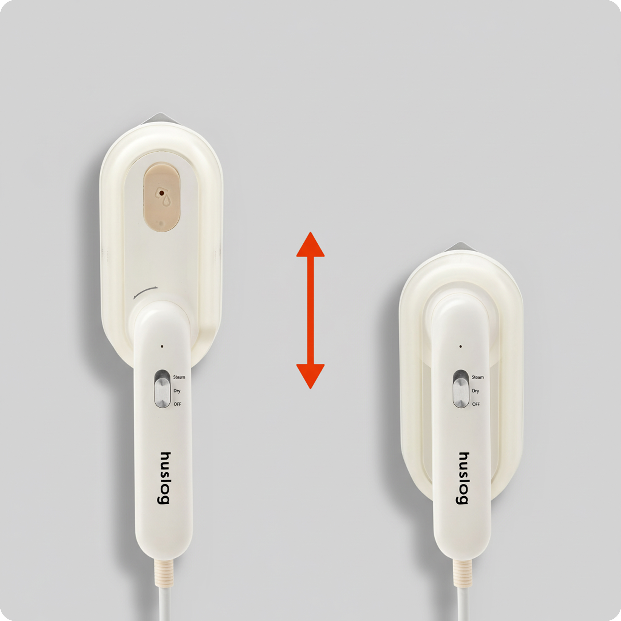 Dwa białe żelazka parowe obok siebie, z czerwoną strzałką między nimi.