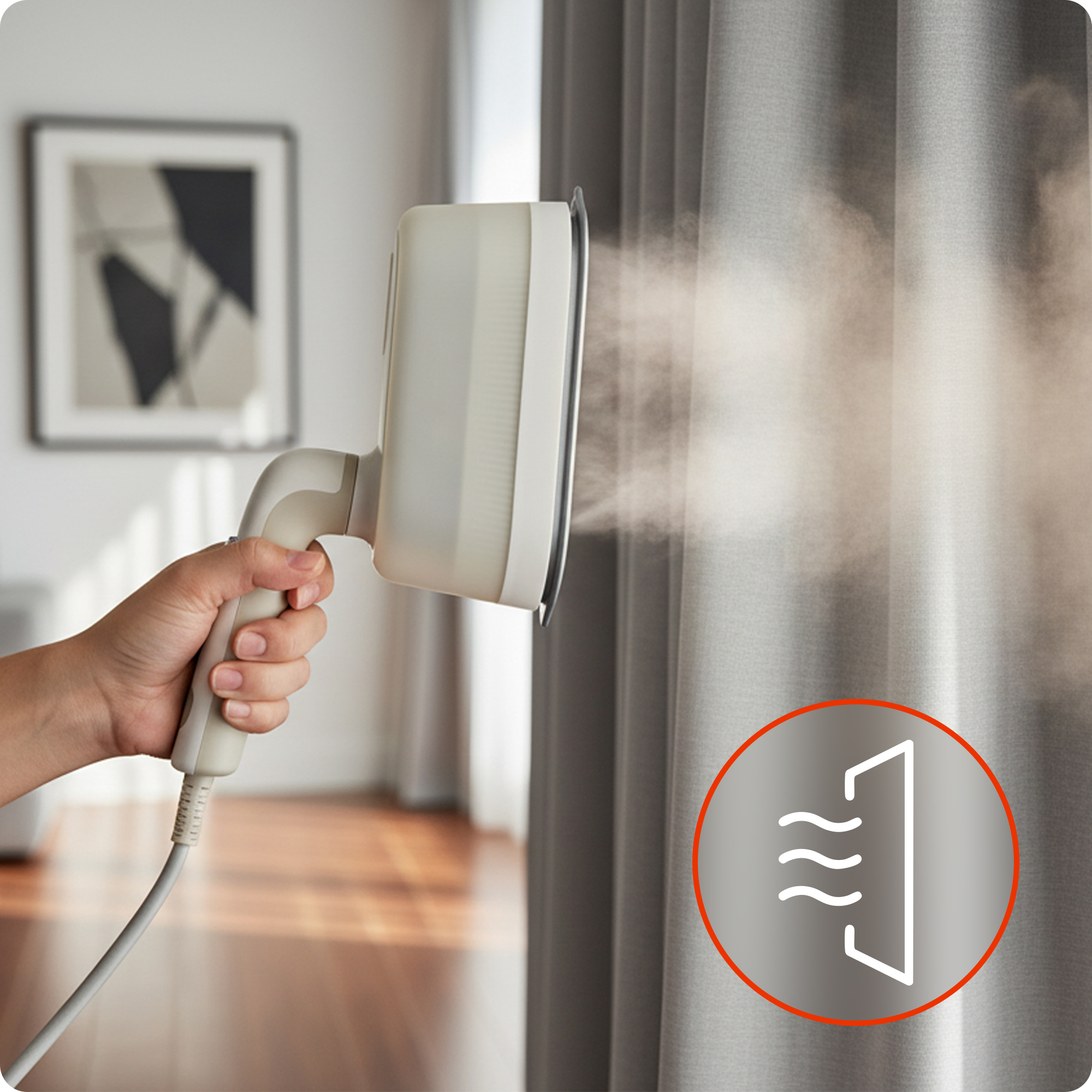 Dłoń trzyma parownicę, rozpylając parę na szary zasłonę. Ikona pary.