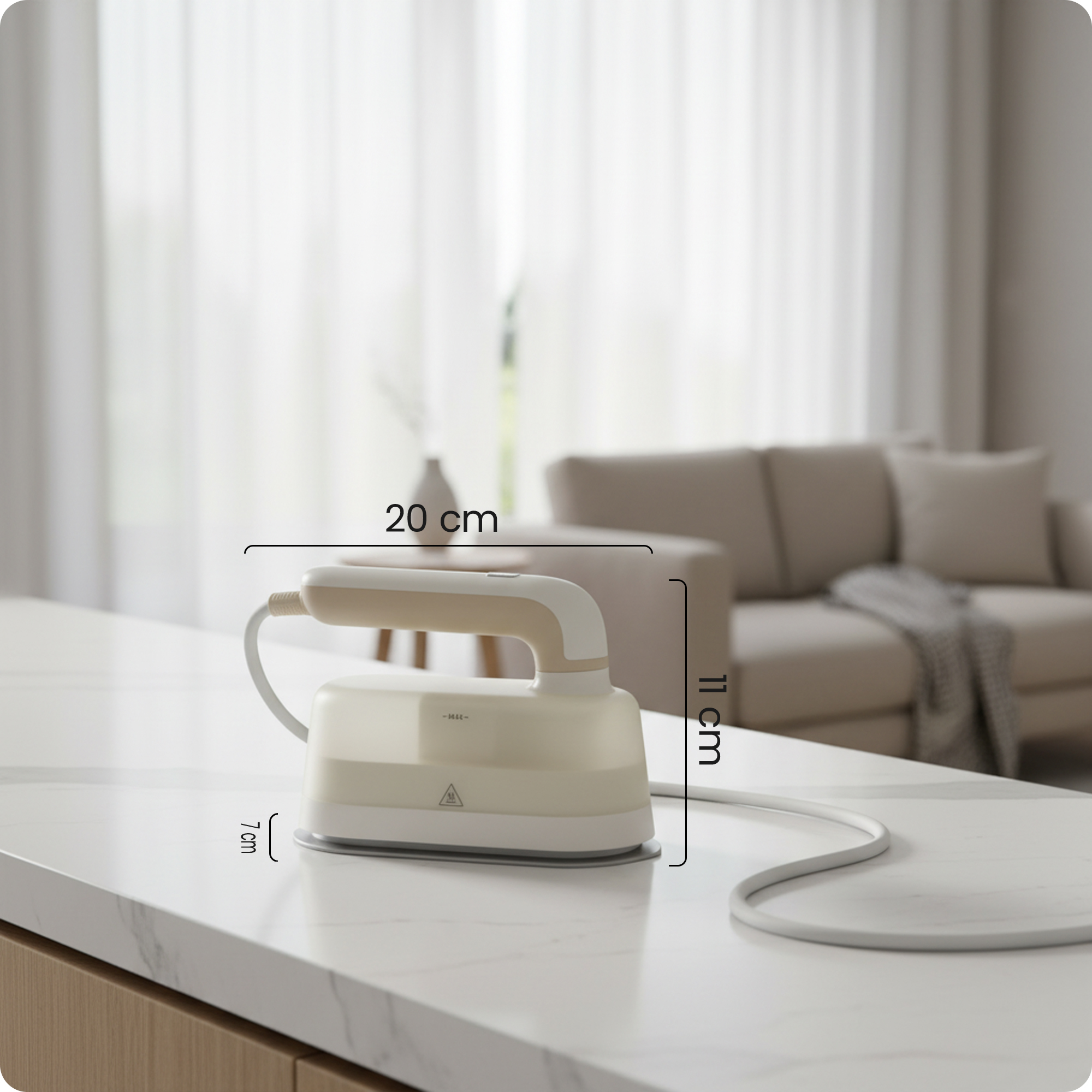 Beżowe żelazko parowe o długości 20 cm, wysokości 11 cm i szerokości 7 cm.