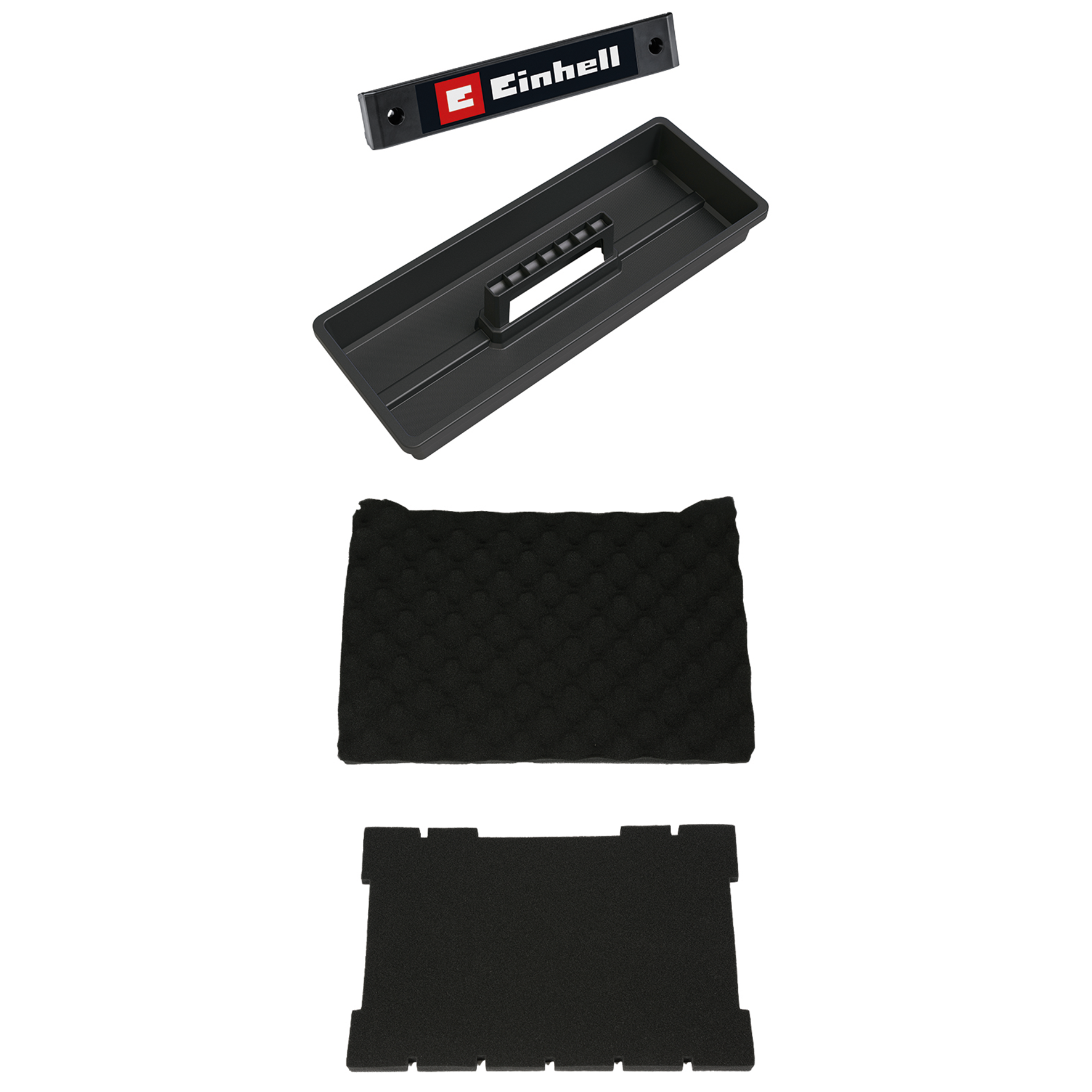 Schwarze Aufbewahrungsschale mit Griff, Einhell-Logo-Leiste und zwei schwarze Schaumstoffeinsätze.